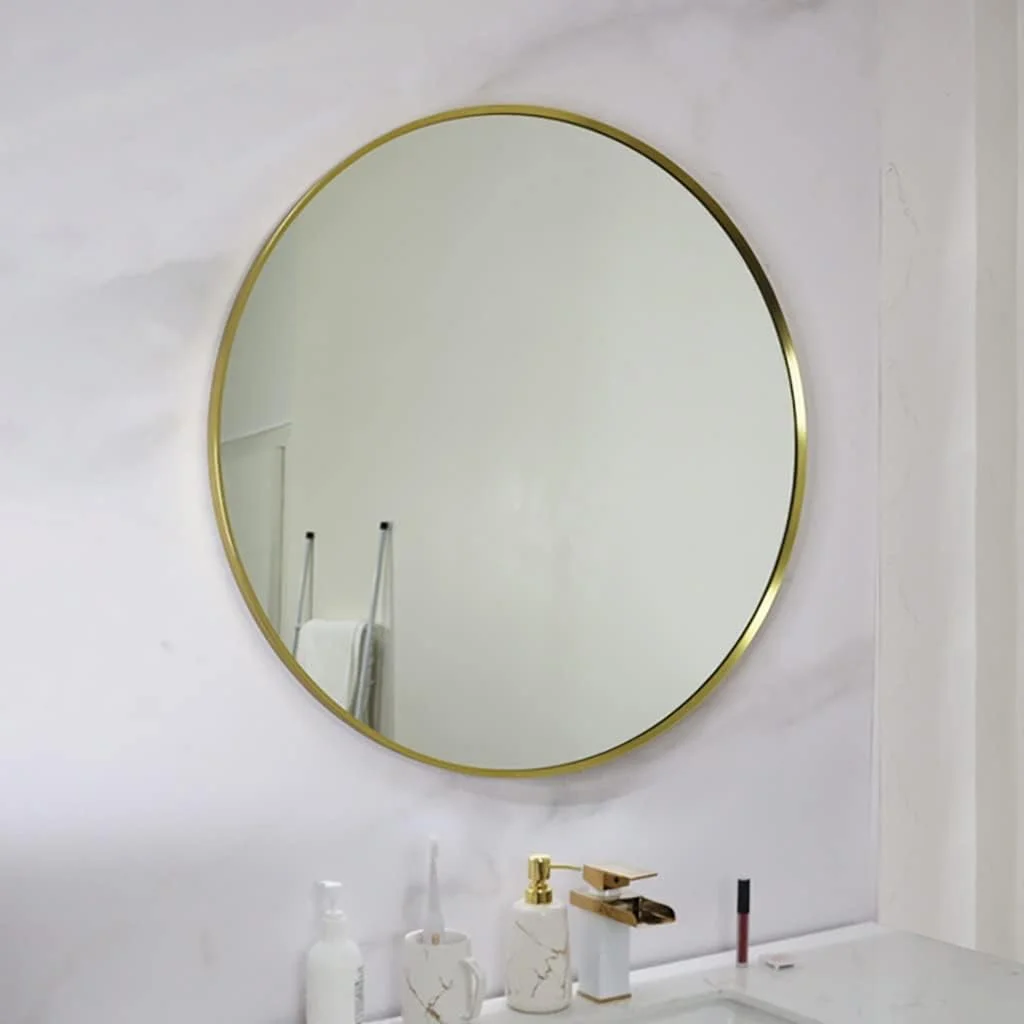 آینه گرد دیواری برای حمام، آینه آرایش با قاب آلومینیومی، مناسب اتاق خواب، آینه روشویی، آینه ورودی (رنگ: طلایی، سایز: 50 سانتی متر)