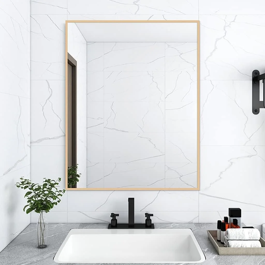 آینه حمام، آینه گرد دیواری با قاب آلومینیومی، آینه آرایش، آینه اتاق خواب، آینه ورودی (رنگ: طلایی، اندازه: 40 * 60 سانتی متر)