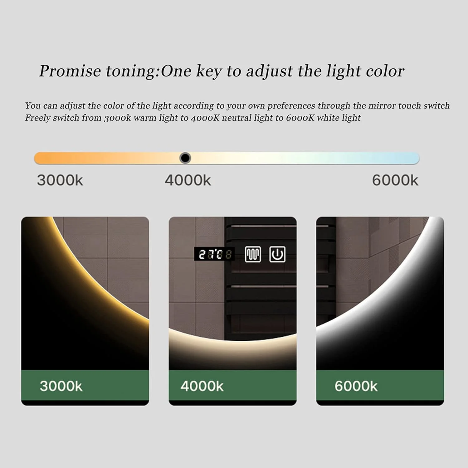 آینه روشویی دیواری LED، با کلید لمسی و عملکرد ضد بخار، 3 رنگ نور: سفید گرم/خنثی/سفید سرد، مناسب برای خانواده یا هتل، 80 سانتی متر