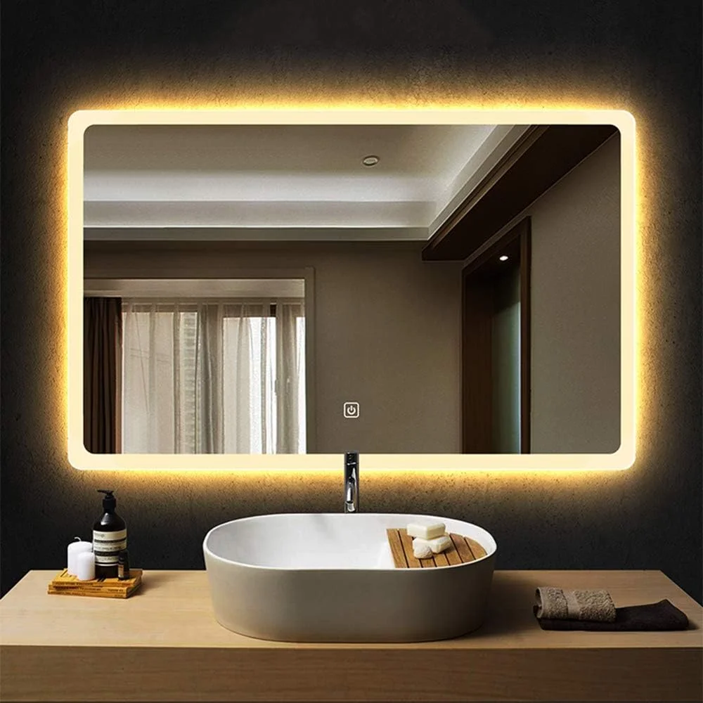 آینه حمام ال ای دی دو رنگ، آینه روشویی دیواری | 500x700 میلی متر | یک دکمه کنترل چندگانه + ضد بخار + آینه ضد انفجار | - ال ای دی ضد آب - گوشه گرد - افقی، عمودی - 80x60 سانتی متر