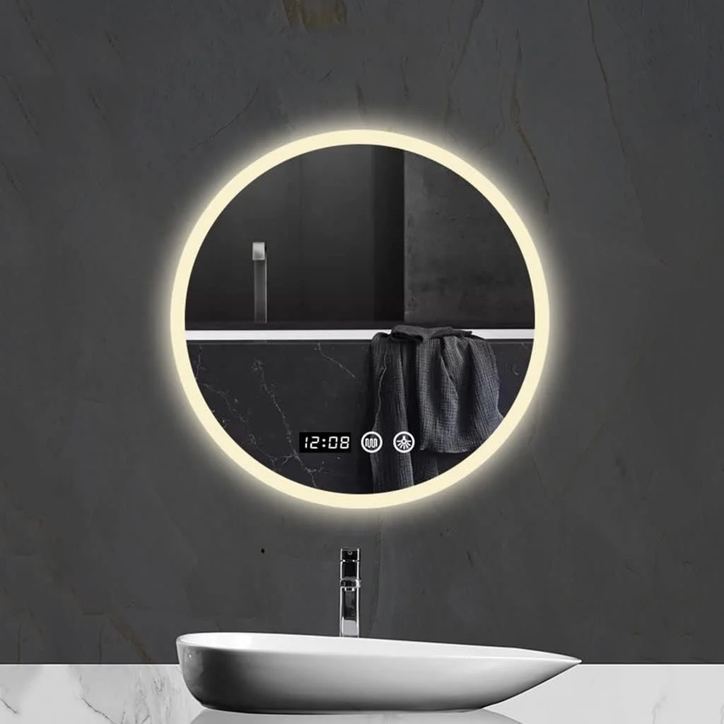 آینه هوشمند حمام، آینه روشویی ضد بخار دیواری با چراغ، ضد بخار + زمان/دما + کلید لمسی روشنایی ال ای دی گرد (رنگ: نور گرم، اندازه: گرد 60 سانتی متر ضد بخار)