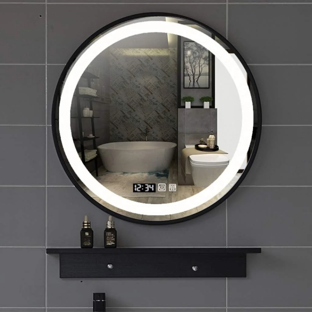آینه حمام LED گرد دیواری تزئینی با کلید لمسی ضد بخار بلوتوث، مشکی - 70 سانتی متر