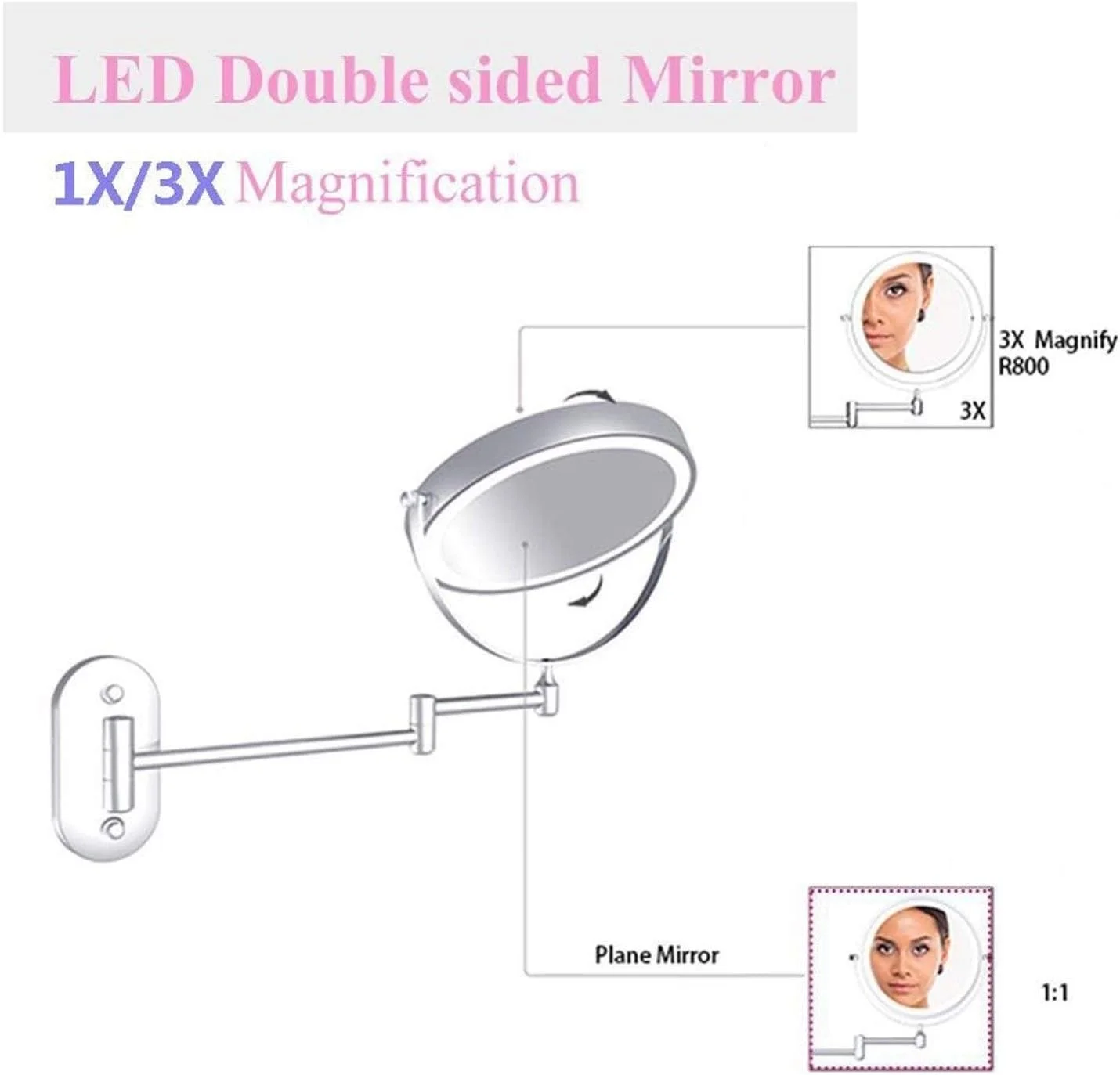 آینه آرایشی دیواری 8 اینچی مناسب اتاق خواب یا حمام، آینه دو طرفه با بزرگنمایی 1X و 10X، آینه آرایشی خانگی با نور قابل تنظیم لمسی (رنگ: نقره ای 3x)