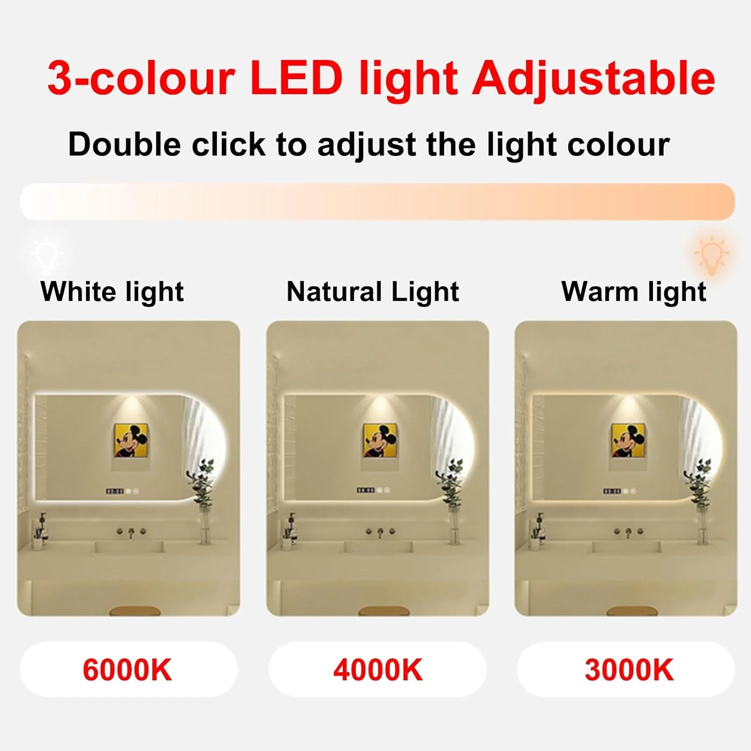 آینه قدی کمانی LED برای حمام، آینه هوشمند چراغ دار دیواری، آینه بدون قاب نورانی و دیمر دار، آینه های بزرگ چراغ دار روشویی، دیمر دار، حافظه (سایز : 50