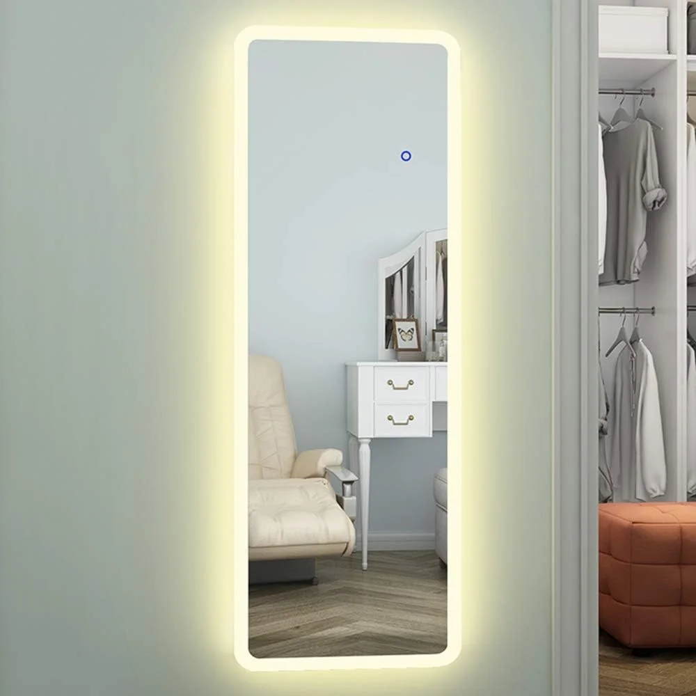 آینه دیواری برای حمام، آینه 140 * 50 سانتی متر دیواری ساده بدون قاب هوشمند با نور پس زمینه برای آرایش با دکمه لمسی + مات + نمایش زمان