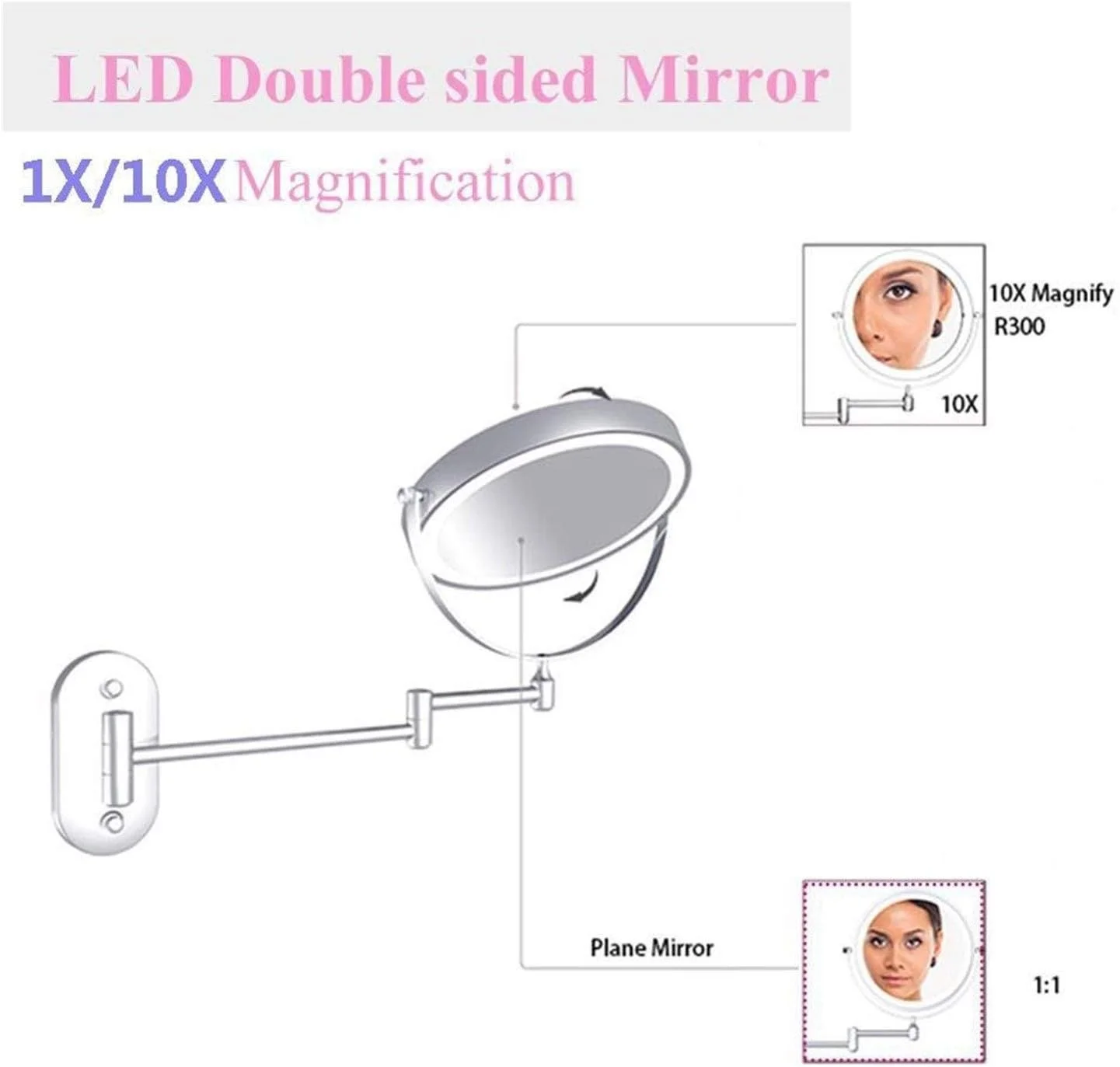 آینه آرایشی دیواری 8 اینچی مناسب اتاق خواب یا حمام، آینه دو طرفه با بزرگنمایی 1X و 10X، آینه آرایشی خانگی با نور قابل تنظیم لمسی (رنگ: نقره ای 10X)