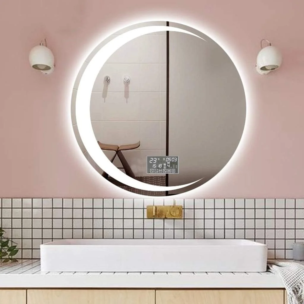 آینه حمام LED، آینه اصلاح دیواری با کلید لمسی، ضد بخار، نمایشگر زمان/دما، بلوتوث تلفن همراه با کنترل از راه دور بی سیم، نور سفید - 70 سانتی متر