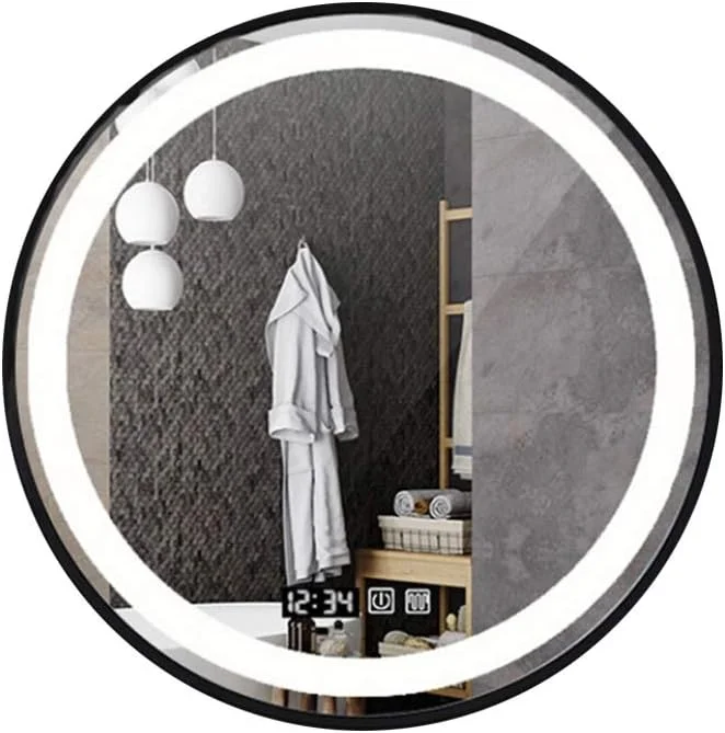 آینه حمام LED، آینه دیواری با قاب فلزی گرد، آینه میز شستشو با کنترل لمسی سنسور نور سفید، نمایشگر دما و زمان و ضد بخار، مشکی - 50 سانتی متر