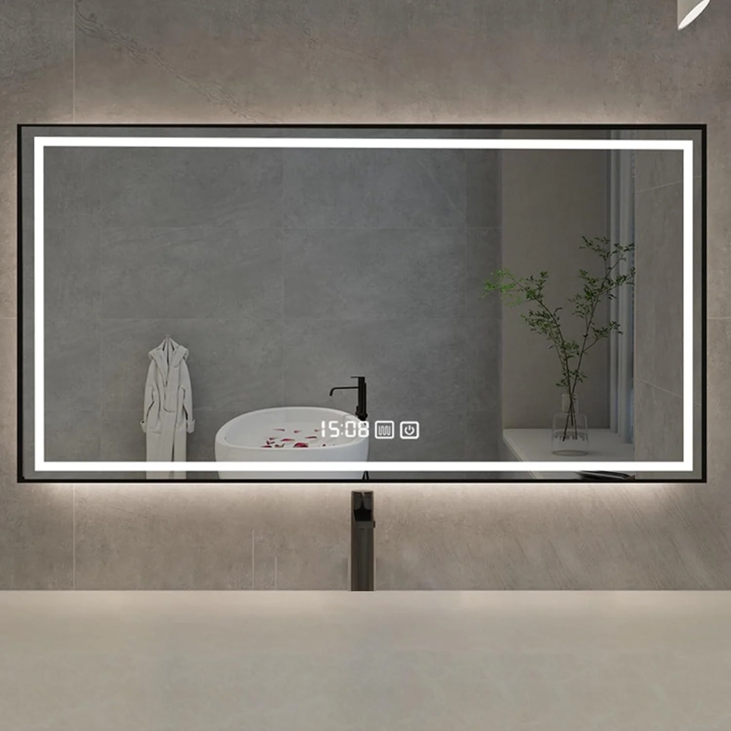 آینه مربعی حمام، آینه آرایشی دیواری با قاب مربعی، ضد بخار هوشمند، نمایشگر زمان، آینه حمام هوشمند لمسی، ایمن و ضد انفجار، مناسب برای حمام و اتاق خواب (سه رنگ)