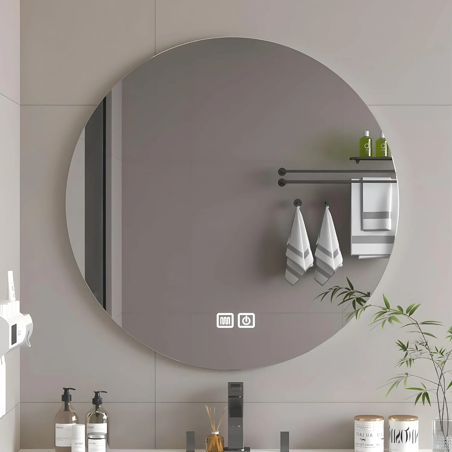 آینه حمام بیت با نورپردازی - آینه گرد 60 سانتی متر - آینه دیواری با گرمکن - 1 حالت نور - ضد بخار - دیمر دار (60 سانتی متر - 1 نور)