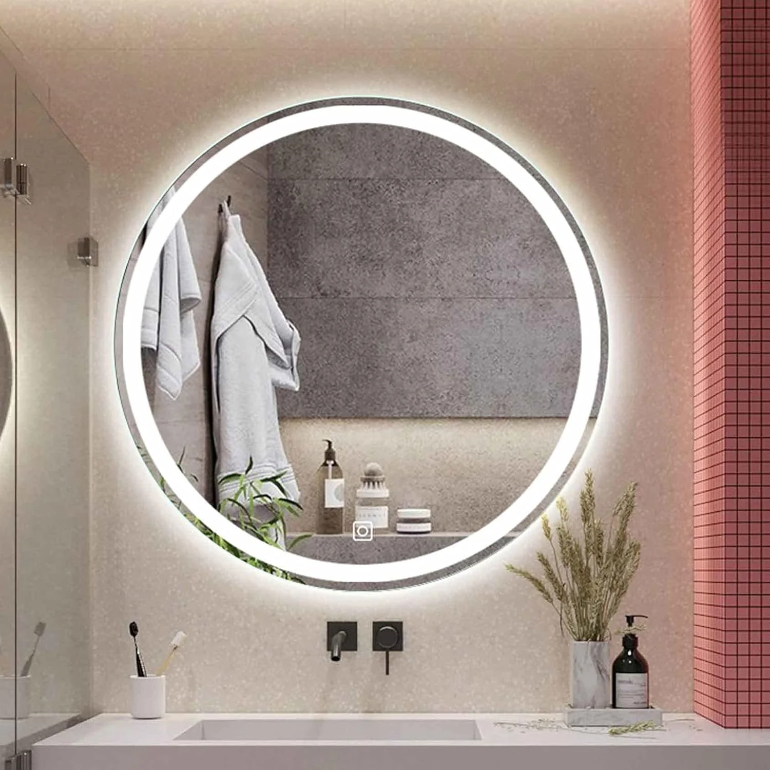 آینه حمام LED دیواری، آینه ضد بخار برای روشویی با کلید لمسی، نور سفید/نور گرم، ضد آب IP54، روشنایی قابل تنظیم، نور سفید - 80 سانتی متر / 31.5 اینچ