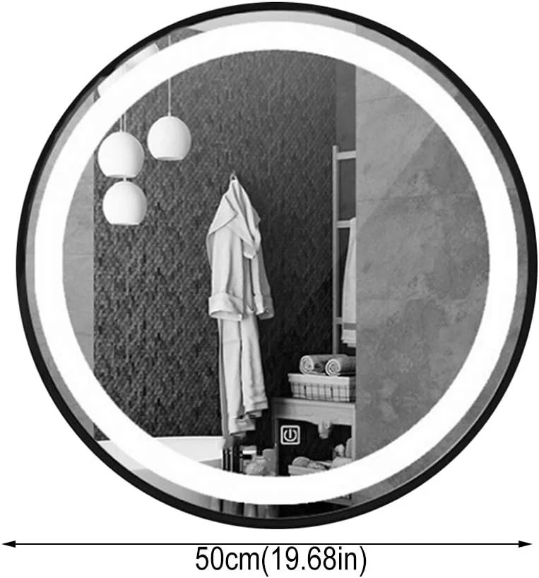 آینه حمام LED، آینه دیواری با قاب فلزی گرد، آینه میز شستشو با کنترل لمسی سنسور نور سفید، نمایشگر دما و زمان و ضد بخار، مشکی - 50 سانتی متر