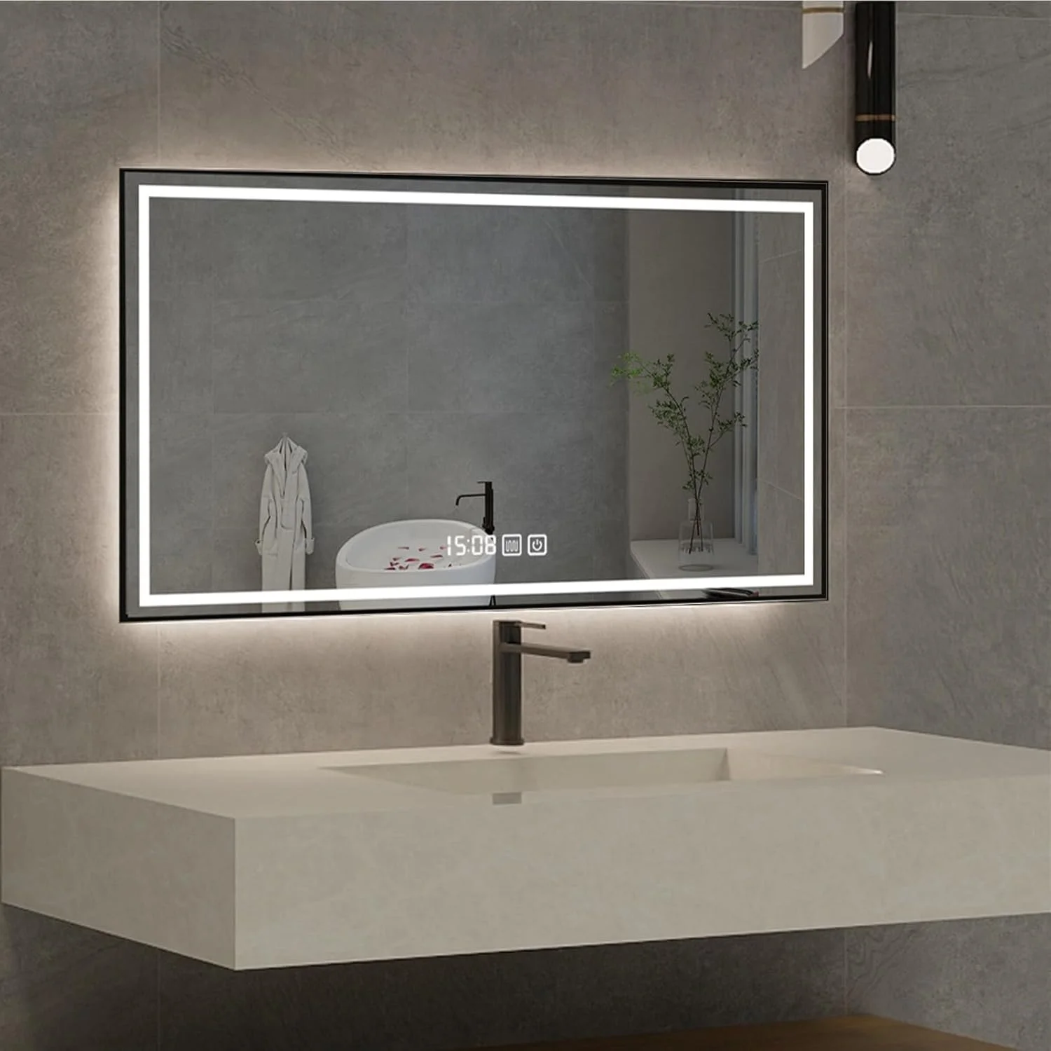 آینه مربعی حمام، آینه آرایشی دیواری با قاب مربعی، ضد بخار هوشمند، نمایشگر زمان، آینه حمام هوشمند لمسی، ایمن و ضد انفجار، مناسب برای حمام و اتاق خواب (سه رنگ)