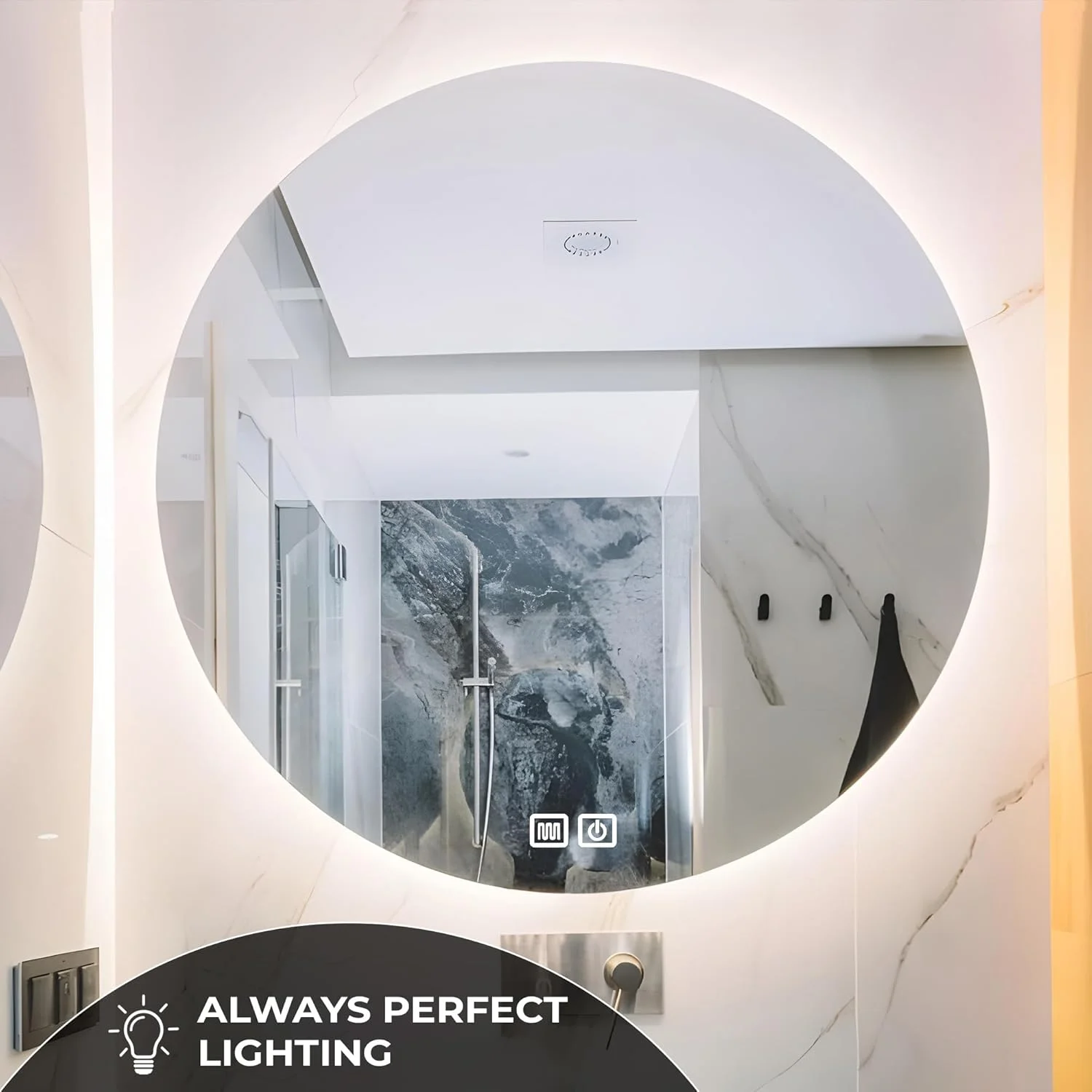 آینه حمام بیت با نورپردازی - آینه گرد 60 سانتی متر - آینه دیواری با گرمکن - 1 حالت نور - ضد بخار - دیمر دار (60 سانتی متر - 1 نور)