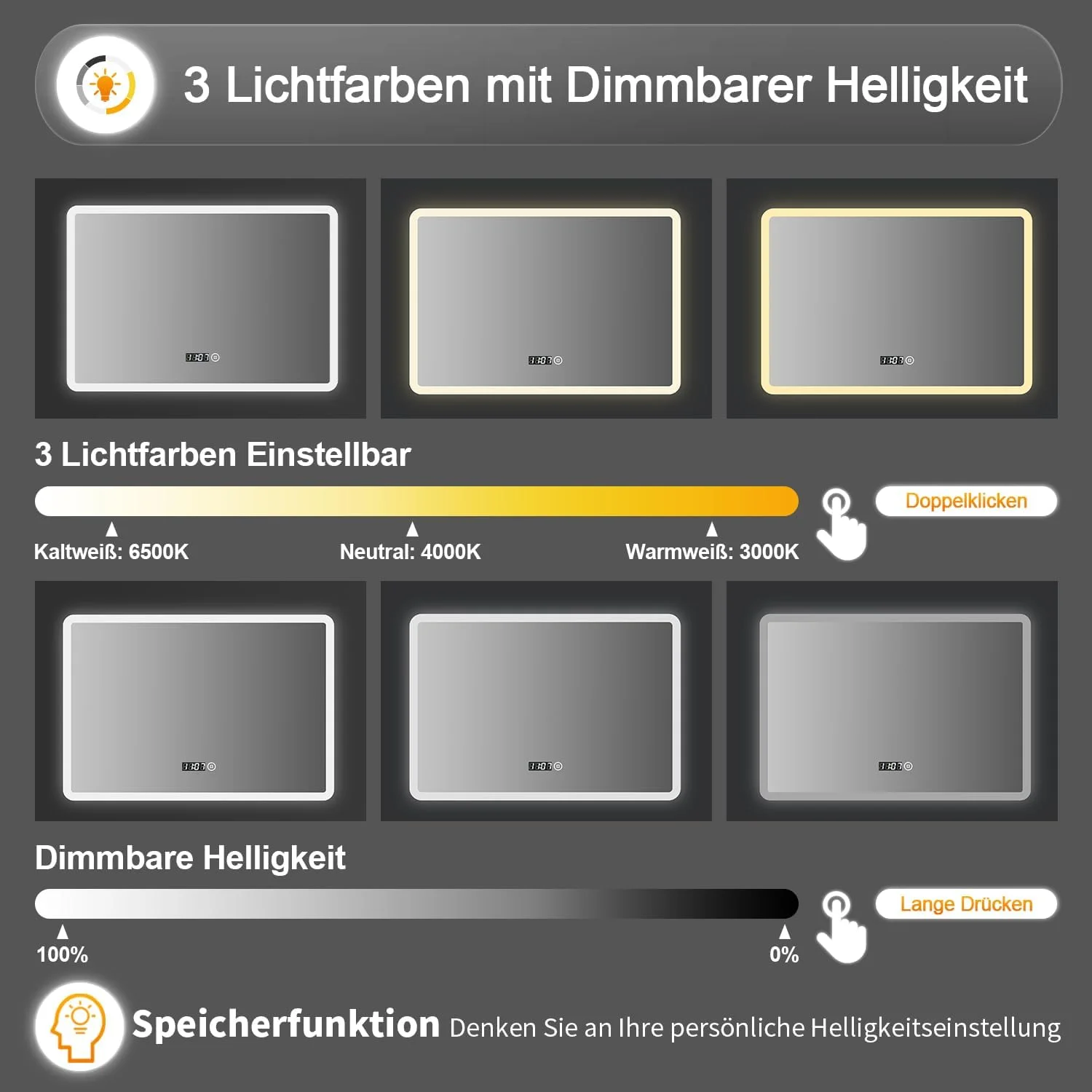 آینه دیواری ال ای دی 60 در 80 سانتی متر، آینه حمام با نورپردازی، 3 نوع نور 3000-6500 کلوین، آینه حمام مستطیلی با ساعت و کلید لمسی
