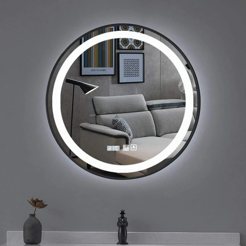آینه حمام LED، آینه دیواری با قاب فلزی گرد، آینه میز شستشو با کنترل لمسی سنسور نور سفید، نمایشگر دما و زمان و ضد بخار، مشکی - 50 سانتی متر