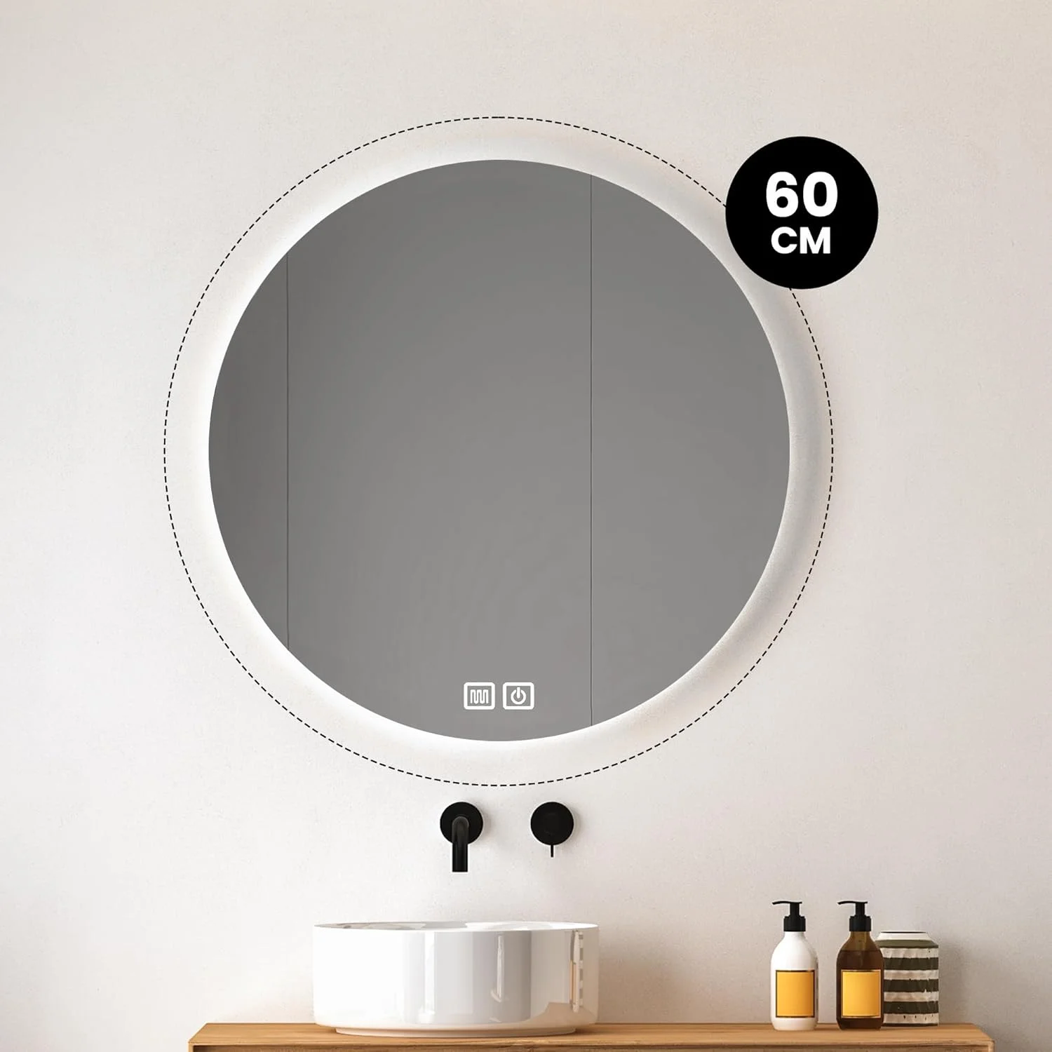 آینه حمام بیت با نورپردازی - آینه گرد 60 سانتی متر - آینه دیواری با گرمکن - 1 حالت نور - ضد بخار - دیمر دار (60 سانتی متر - 1 نور)