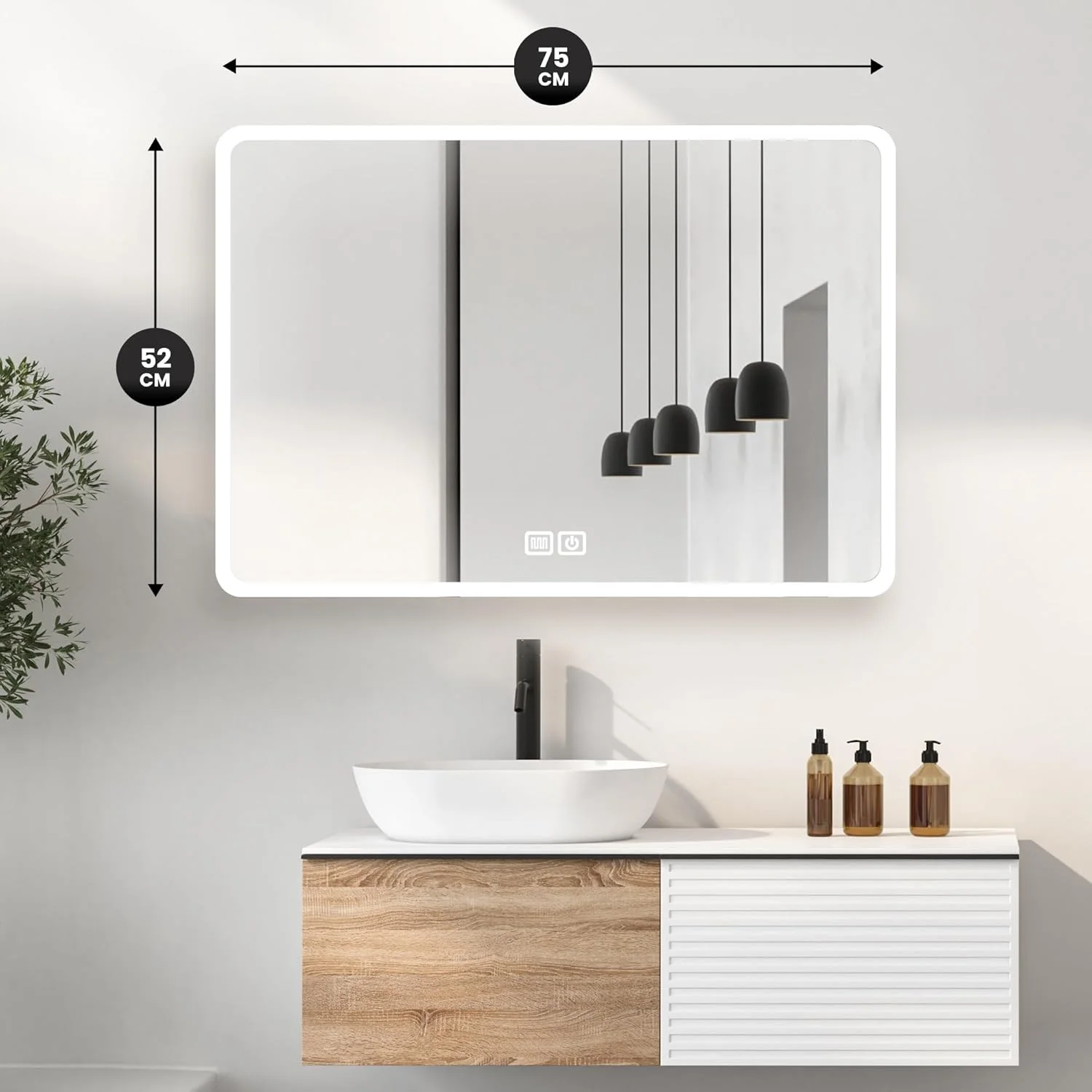 آینه بیت با نورپردازی 52x75 سانتی متر - آینه حمام - آینه دیواری - 3 حالت نور - ضد بخار (52x75 سانتی متر)