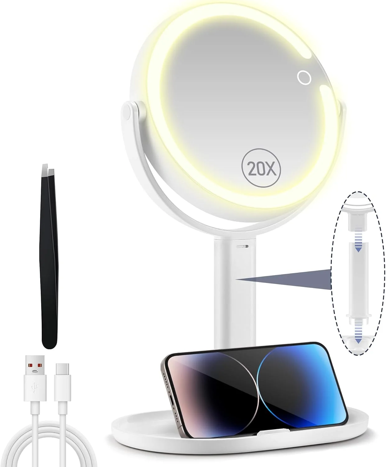 آینه آرایشی بزرگنمایی دار بی بیوتی پلنت با نور 20X/1X، آینه آرایش با 3 رنگ نور و کلید لمسی، چرخش 360 درجه و جداشدنی، با نگهدارنده تلفن همراه و موچین، مناسب برای حمام