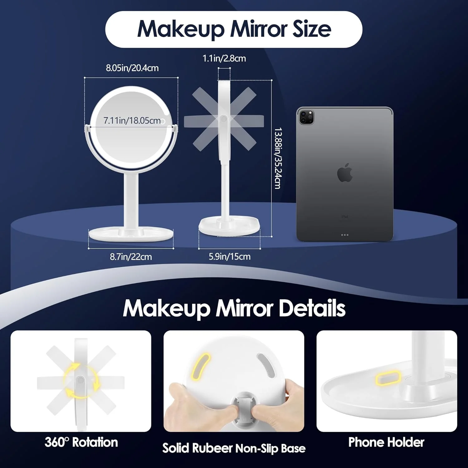 آینه آرایشی بزرگنمایی دار بی بیوتی پلنت با نور 20X/1X، آینه آرایش با 3 رنگ نور و کلید لمسی، چرخش 360 درجه و جداشدنی، با نگهدارنده تلفن همراه و موچین، مناسب برای حمام