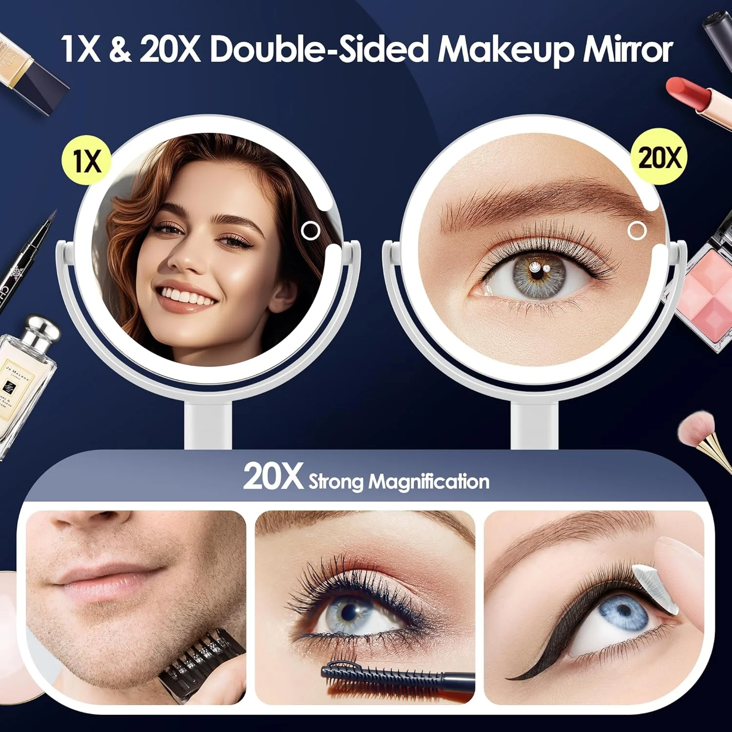 آینه آرایشی بزرگنمایی دار بی بیوتی پلنت با نور 20X/1X، آینه آرایش با 3 رنگ نور و کلید لمسی، چرخش 360 درجه و جداشدنی، با نگهدارنده تلفن همراه و موچین، مناسب برای حمام