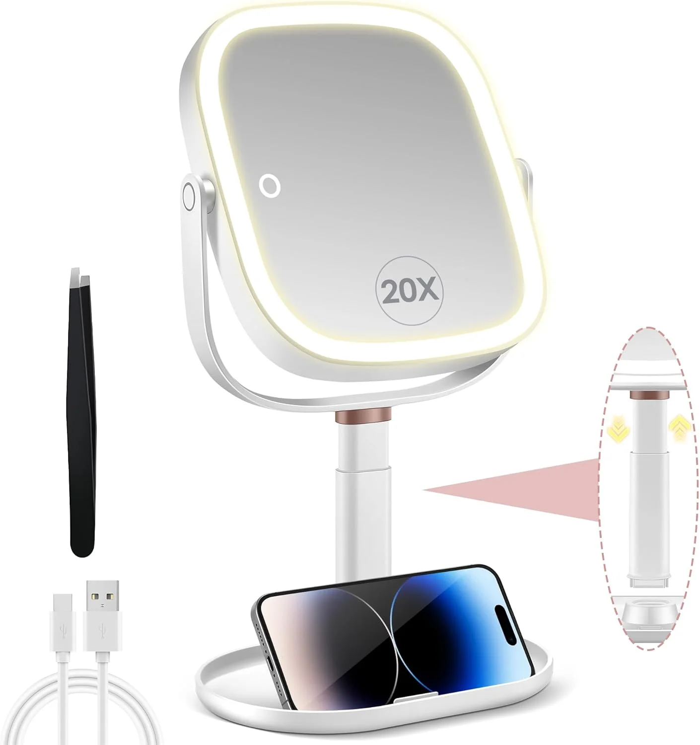 آینه آرایشی بزرگنمایی دار سیاره زیبایی با نور 20X/1X، آینه آرایشی با قابلیت تنظیم ارتفاع با 3 رنگ نور، چرخش 360 درجه و جداشدنی، با نگهدارنده تلفن همراه و موچین، قابل شارژ برای مسافرت