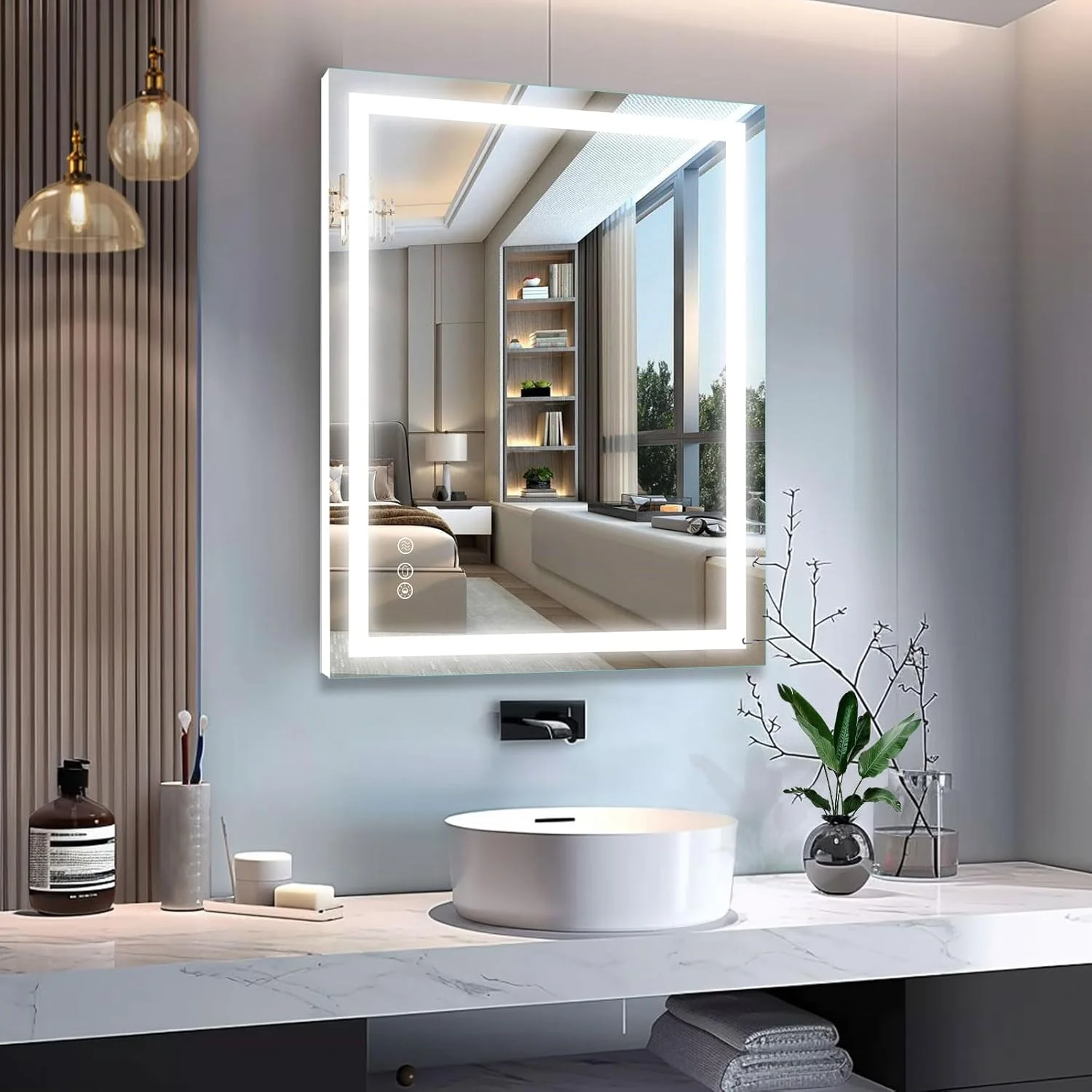 آینه حمام نورپردازی شده Beelux، آینه روشویی LED با ابعاد 81x61 سانتی متر، با قابلیت تنظیم 3000K-6000K، ضد بخار، لمس هوشمند، عملکرد حافظه، کم نور شدن پیوسته