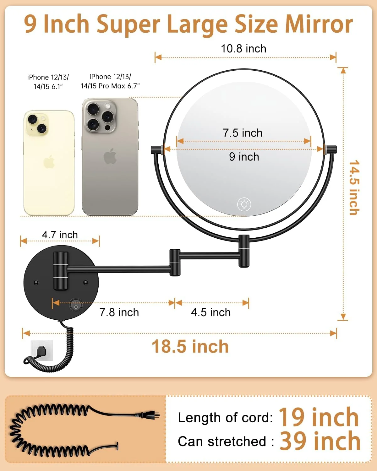 آینه آرایشی دیواری بزرگ 9 اینچی Benbilry با نور، بزرگنمایی 1X/10X دو طرفه، آینه حمام با برق AC با 3 رنگ نور، لمسی و کم نور شونده، بازوی کشویی با چرخش 360 درجه، مشکی
