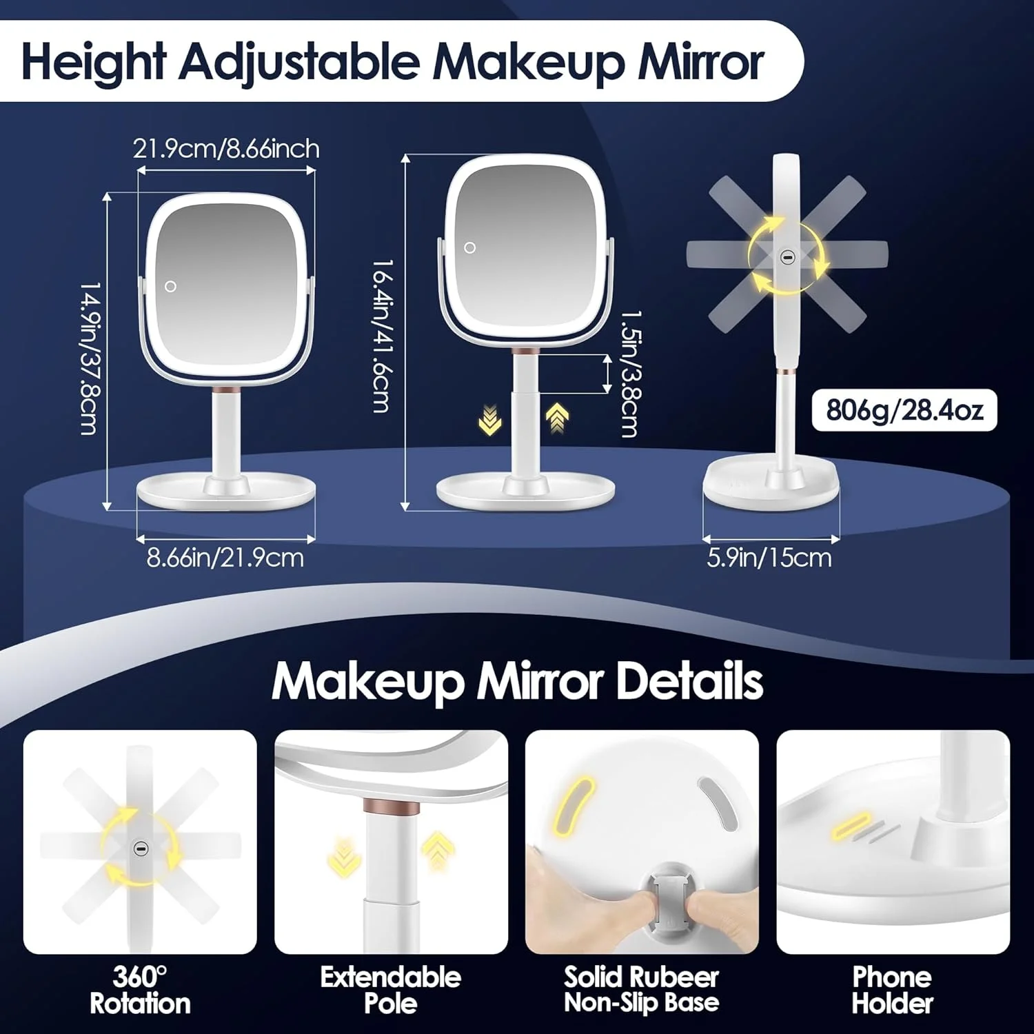 آینه آرایشی بزرگنمایی دار سیاره زیبایی با نور 20X/1X، آینه آرایشی با قابلیت تنظیم ارتفاع با 3 رنگ نور، چرخش 360 درجه و جداشدنی، با نگهدارنده تلفن همراه و موچین، قابل شارژ برای مسافرت