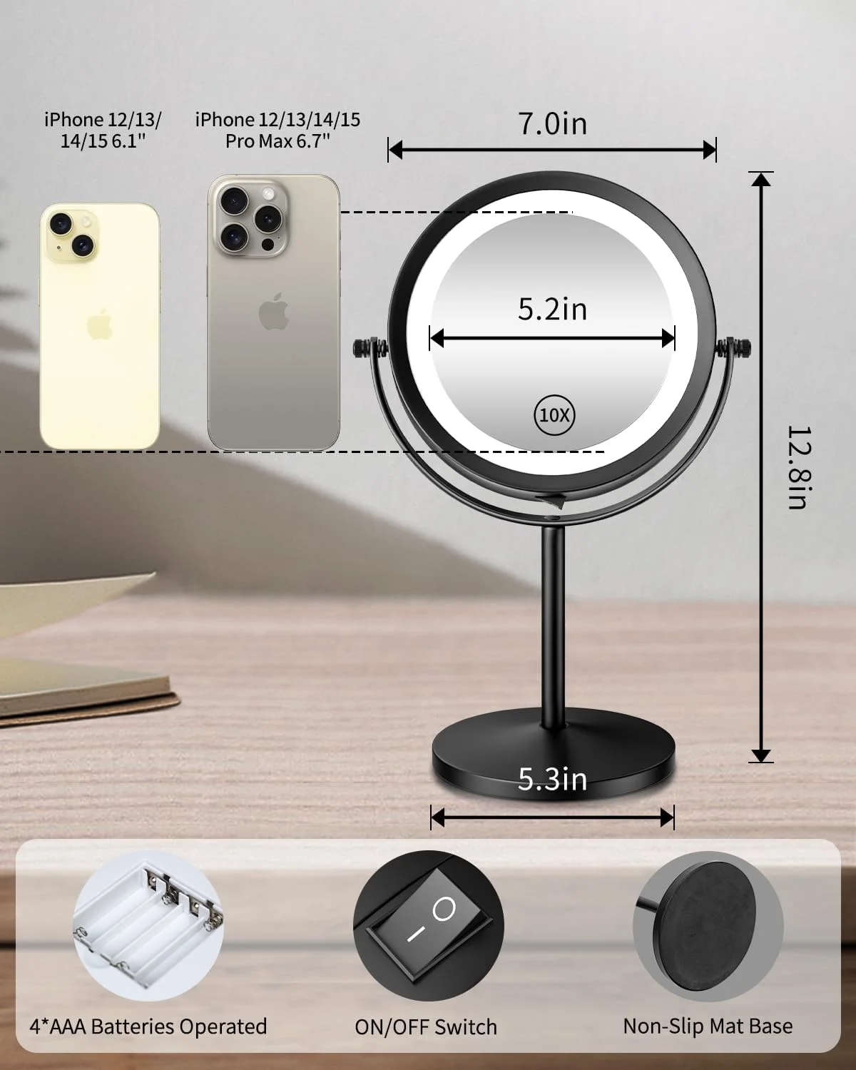 آینه آرایشی چراغ دار Benbilry، آینه دو طرفه LED با بزرگنمایی 10 برابر، چرخش 360 درجه، آینه اصلاح بدون سیم 7 اینچی مناسب برای حمام و اتاق خواب (مشکی)