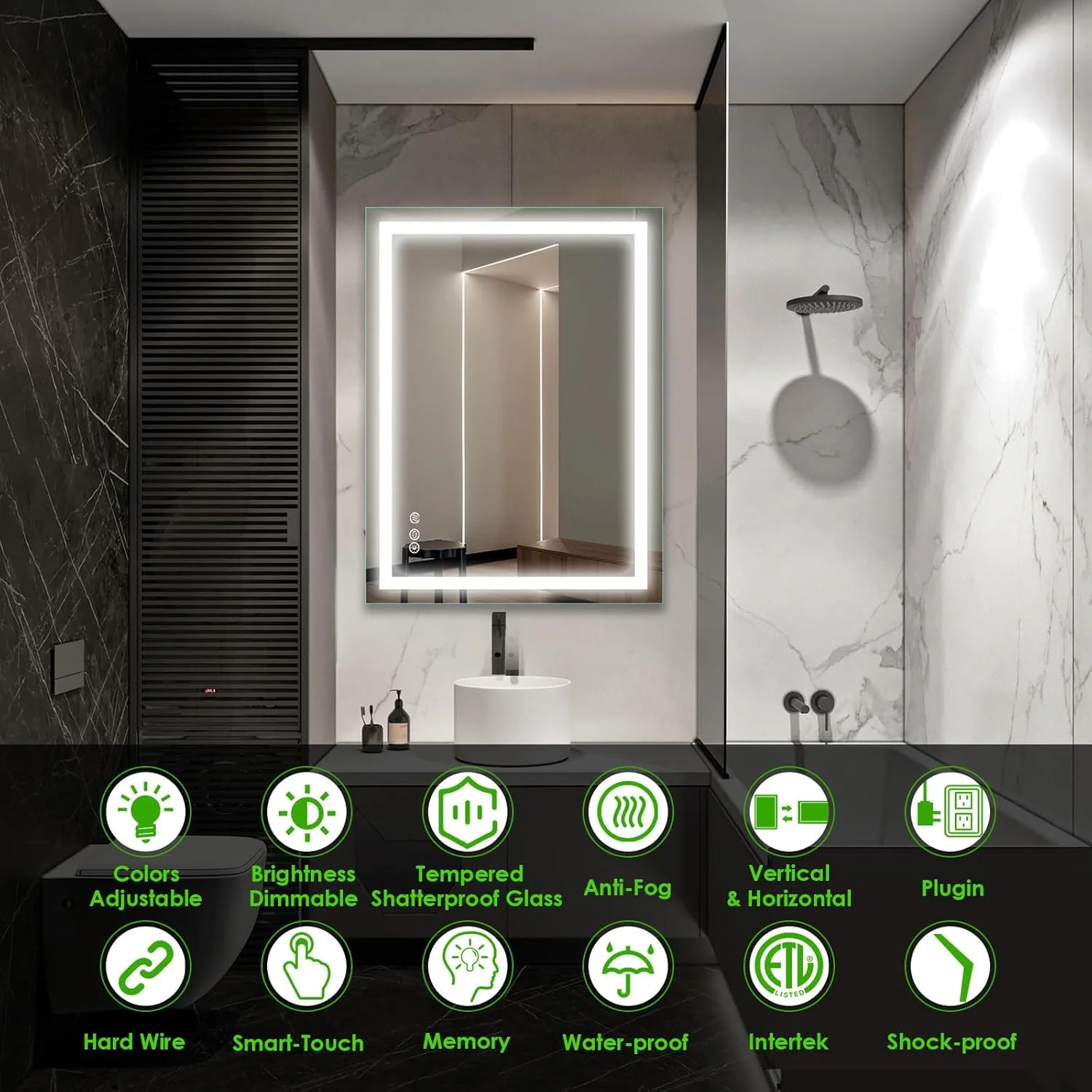 آینه حمام نورپردازی شده Beelux، آینه روشویی LED با ابعاد 81x61 سانتی متر، با قابلیت تنظیم 3000K-6000K، ضد بخار، لمس هوشمند، عملکرد حافظه، کم نور شدن پیوسته