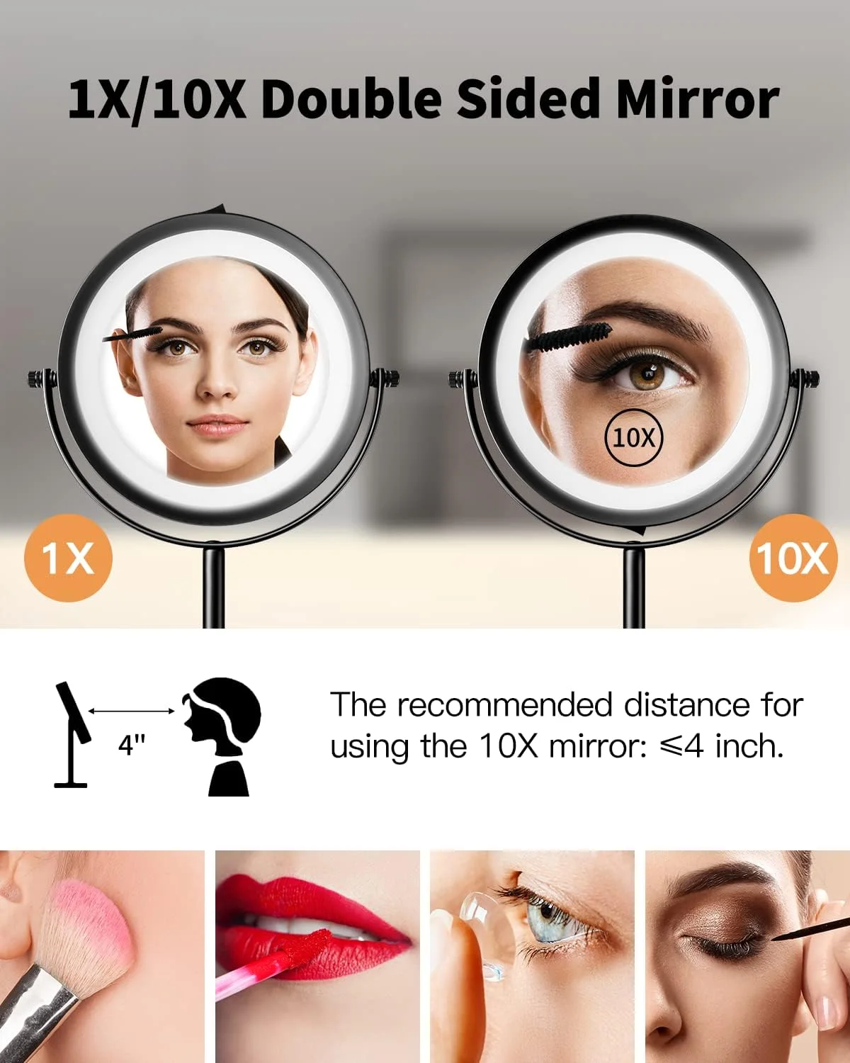 آینه آرایشی چراغ دار Benbilry، آینه دو طرفه LED با بزرگنمایی 10 برابر، چرخش 360 درجه، آینه اصلاح بدون سیم 7 اینچی مناسب برای حمام و اتاق خواب (مشکی)