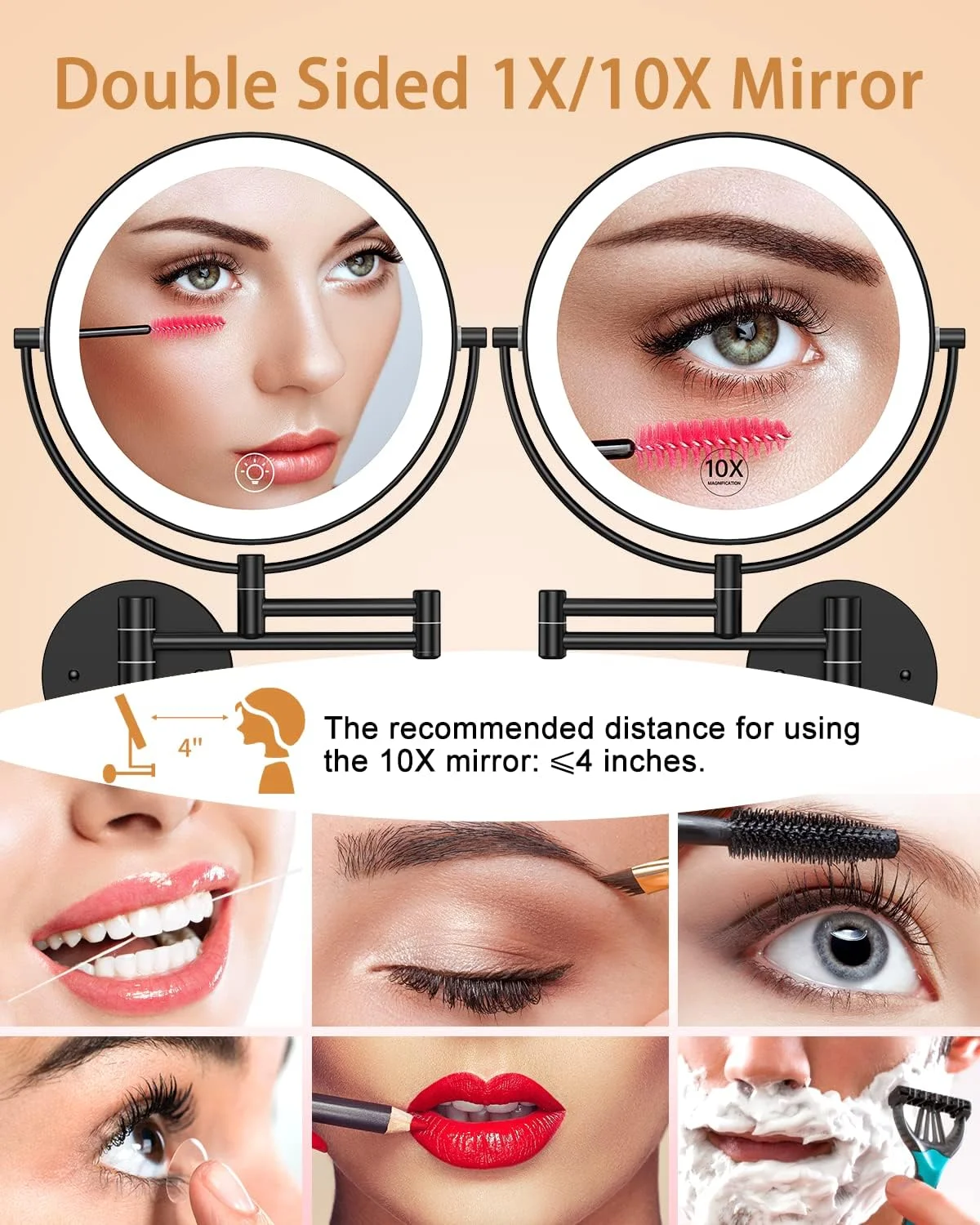 آینه آرایشی دیواری بزرگ 9 اینچی Benbilry با نور، بزرگنمایی 1X/10X دو طرفه، آینه حمام با برق AC با 3 رنگ نور، لمسی و کم نور شونده، بازوی کشویی با چرخش 360 درجه، مشکی