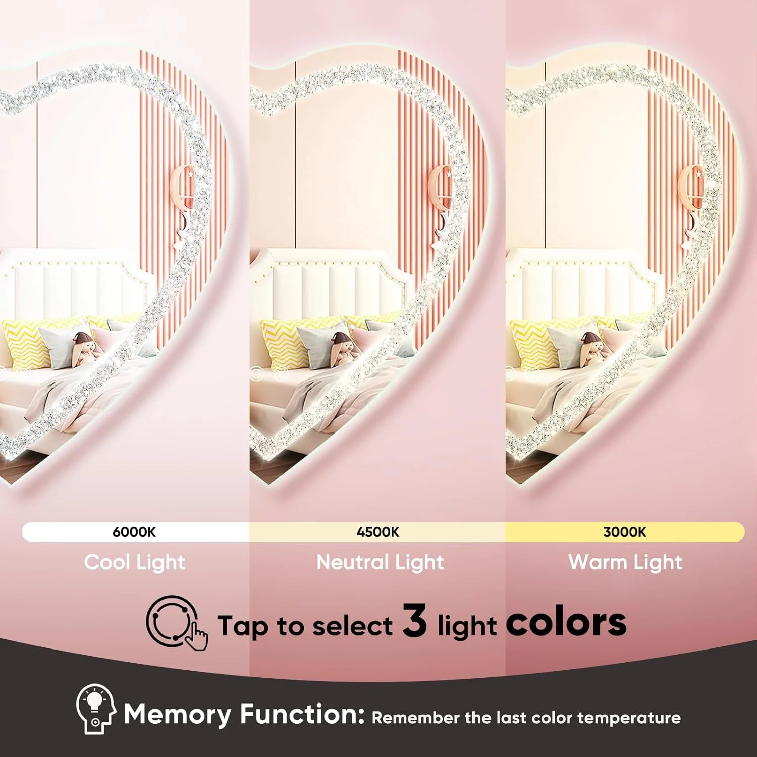 آینه حمام ال ای دی با نور، طرح الماس خرد شده، 28x28 اینچ، آینه روشویی ال ای دی دیواری با نور جلو، طرح قلب، دارای 3 رنگ، قابلیت تنظیم نور پیوسته، حافظه، لمس هوشمند و ضد خرد شدن