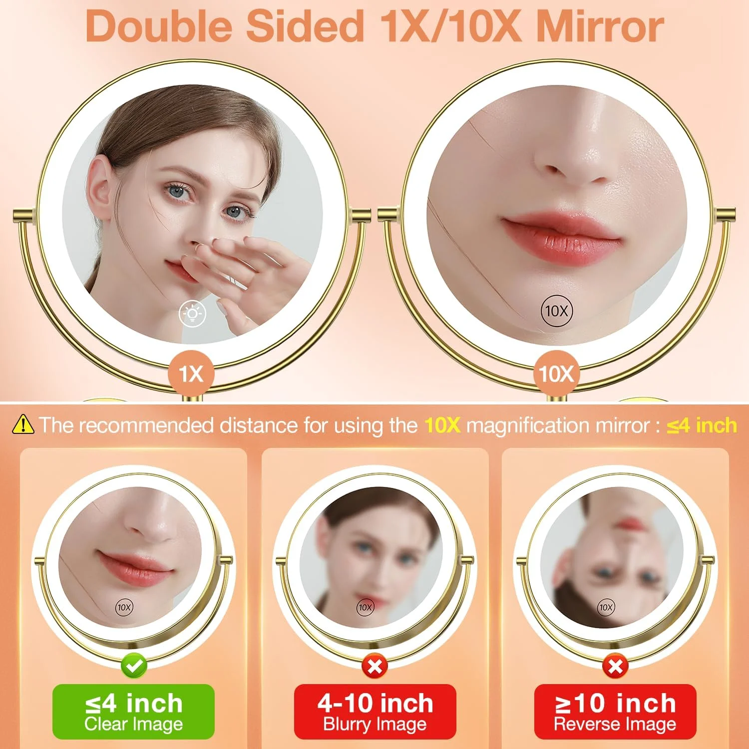 آینه آرایشی دیواری بزرگ 9 اینچی Benbilry با نور، بزرگنمایی 1X/10X دو طرفه، آینه حمام با منبع تغذیه AC و 3 رنگ نور، لمسی و کم نور شونده، بازوی کشویی با چرخش 360 درجه، طلایی