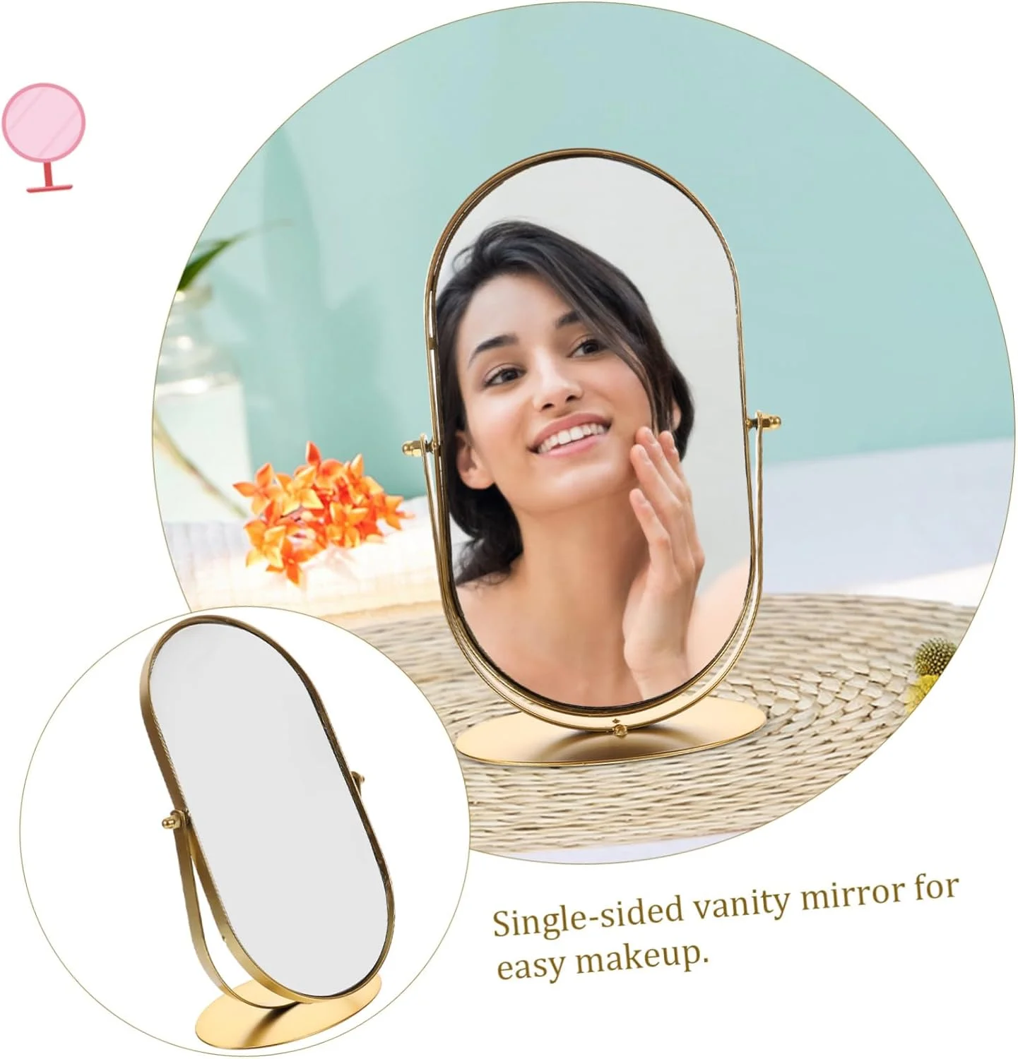 آینه آرایشی فلزی رومیزی BESPORTBLE با پایه ارگونومیک تک رو برای میز آرایش، حمام، دفتر کار، طراحی شیشه و فلز