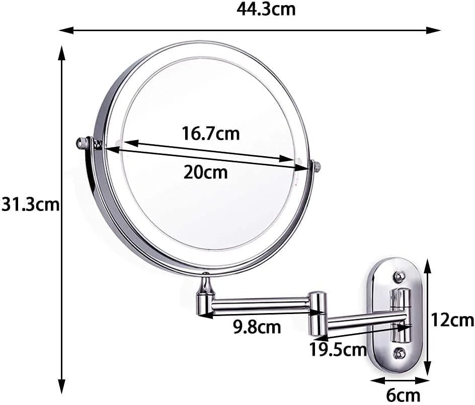آینه آرایشی دیواری با نور ال ای دی، بزرگنمایی، چرخش، دو طرفه، صفحه لمسی، سه تایی، کشویی، مناسب حمام، برای دختران، کودکان و نوجوانان (اندازه: 7X)