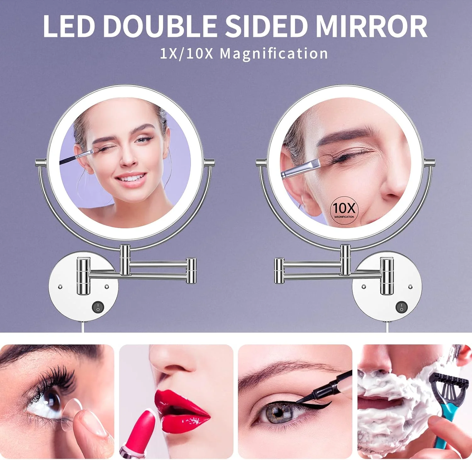 آینه آرایشی دیواری LED بنبیلری، سایز بسیار بزرگ 9 اینچی، دو طرفه با بزرگنمایی 1x/10x، آینه روشویی چراغ دار قابل افزایش طول با چرخش 360 درجه، آینه گرد حمام