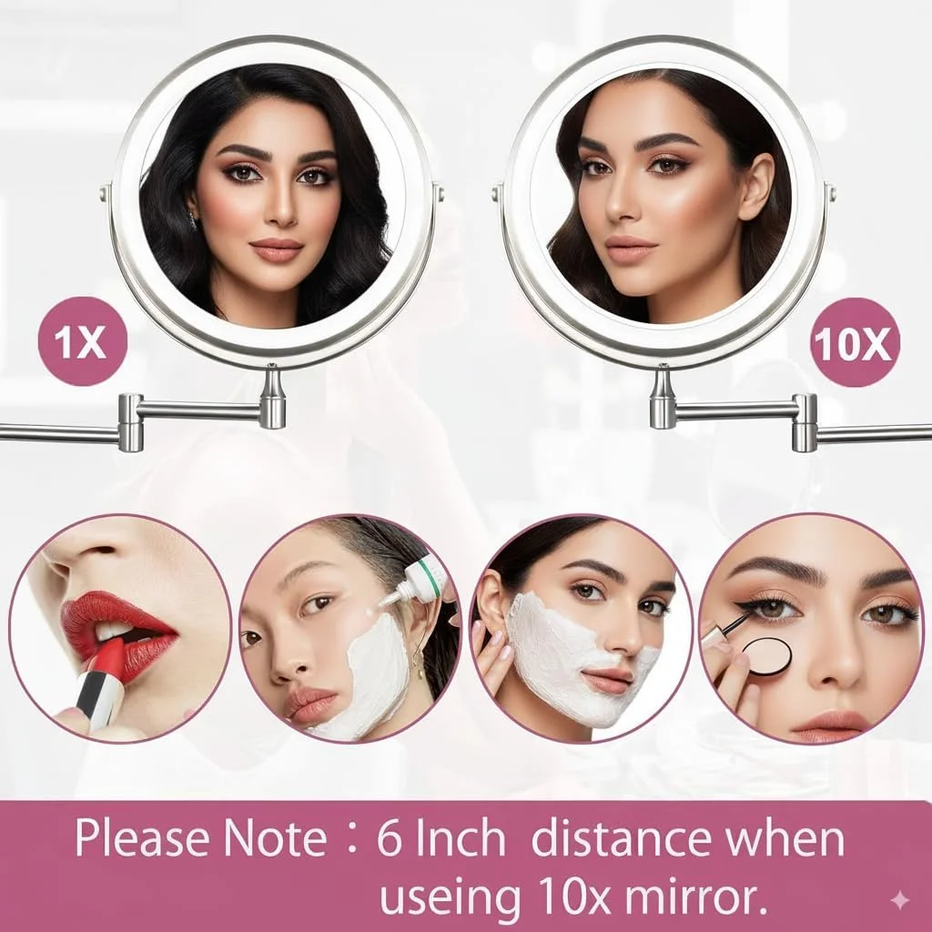 آینه آرایشی دیواری شارژی با نور پس زمینه – آینه دو طرفه 8 اینچی با بزرگنمایی 1X/10X با 3 رنگ نور LED، لمسی و کم نور شونده، چرخش 360 درجه و بازوی قابل گسترش برای حمام یا اصلاح