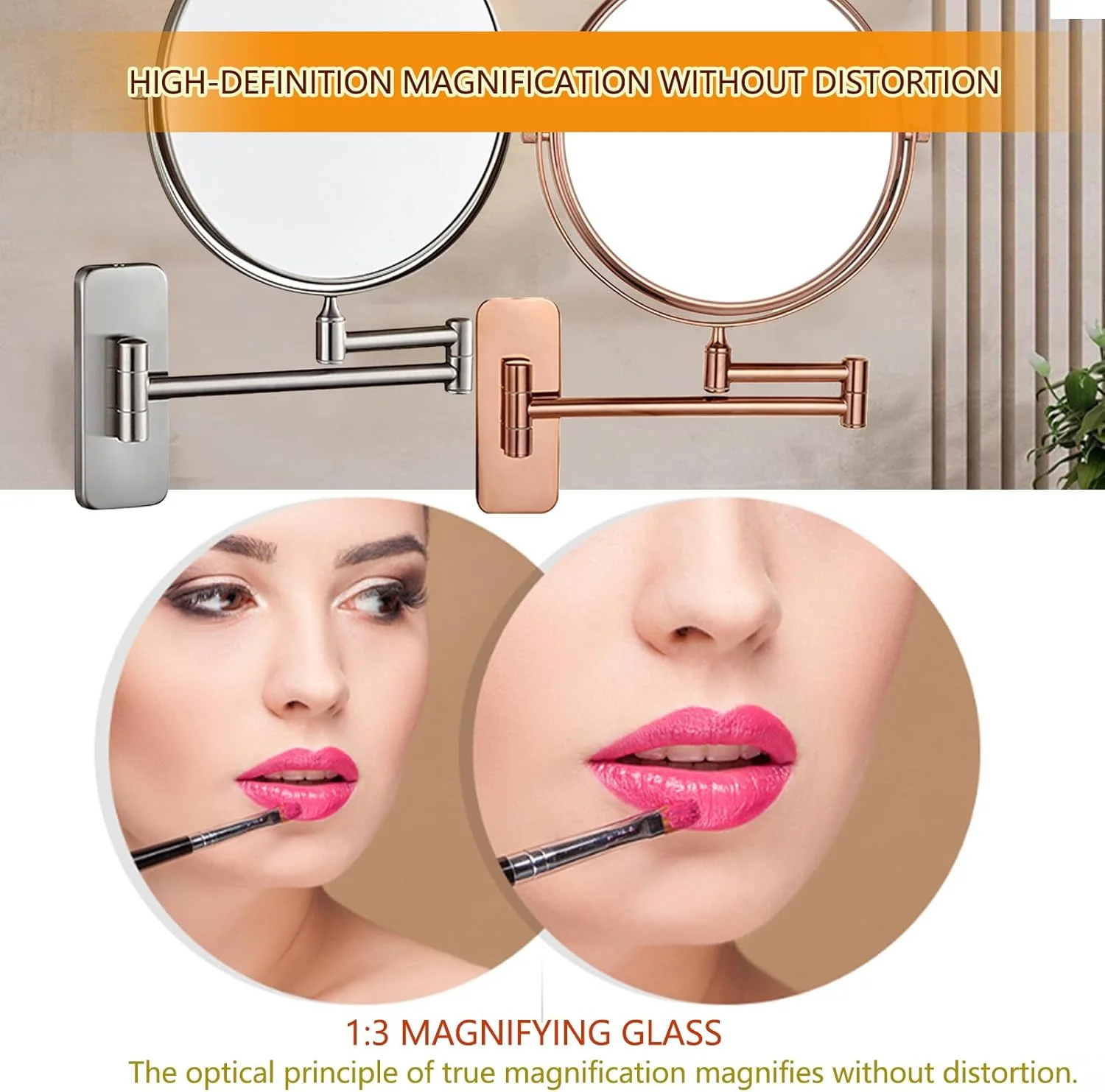 آینه آرایشی بزرگنمایی دیواری دایره ای، آینه اصلاح چرخشی 360 درجه با قابلیت افزایش طول، آینه حمام بزرگنمایی برای هتل، روکش ساتن عتیقه، 3 برابر، کروم