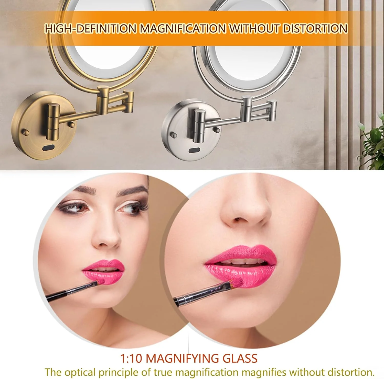 آینه آرایشی چراغ دار با نور ال ای دی، بزرگنمایی، دو سطح چرخان، چرخش 360 درجه، آینه دو طرفه، آینه حمام با قابلیت افزایش طول، اتصال مستقیم، رزگلد