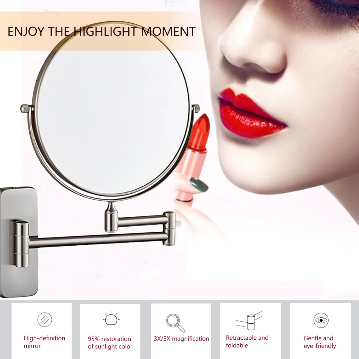 آینه آرایشی دو طرفه دیواری 8 اینچی با بزرگنمایی، آینه حمام، آینه اصلاح دو طرفه با ساختار برنجی جامد برای دوام و استایل، 10X، طلایی