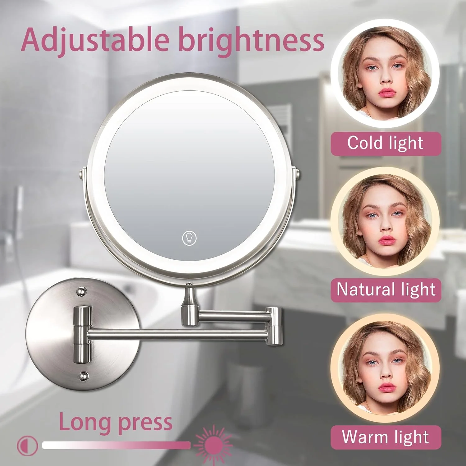 آینه آرایشی دیواری شارژی با نور پس زمینه – آینه دو طرفه 8 اینچی با بزرگنمایی 1X/10X با 3 رنگ نور LED، لمسی و کم نور شونده، چرخش 360 درجه و بازوی قابل گسترش برای حمام یا اصلاح