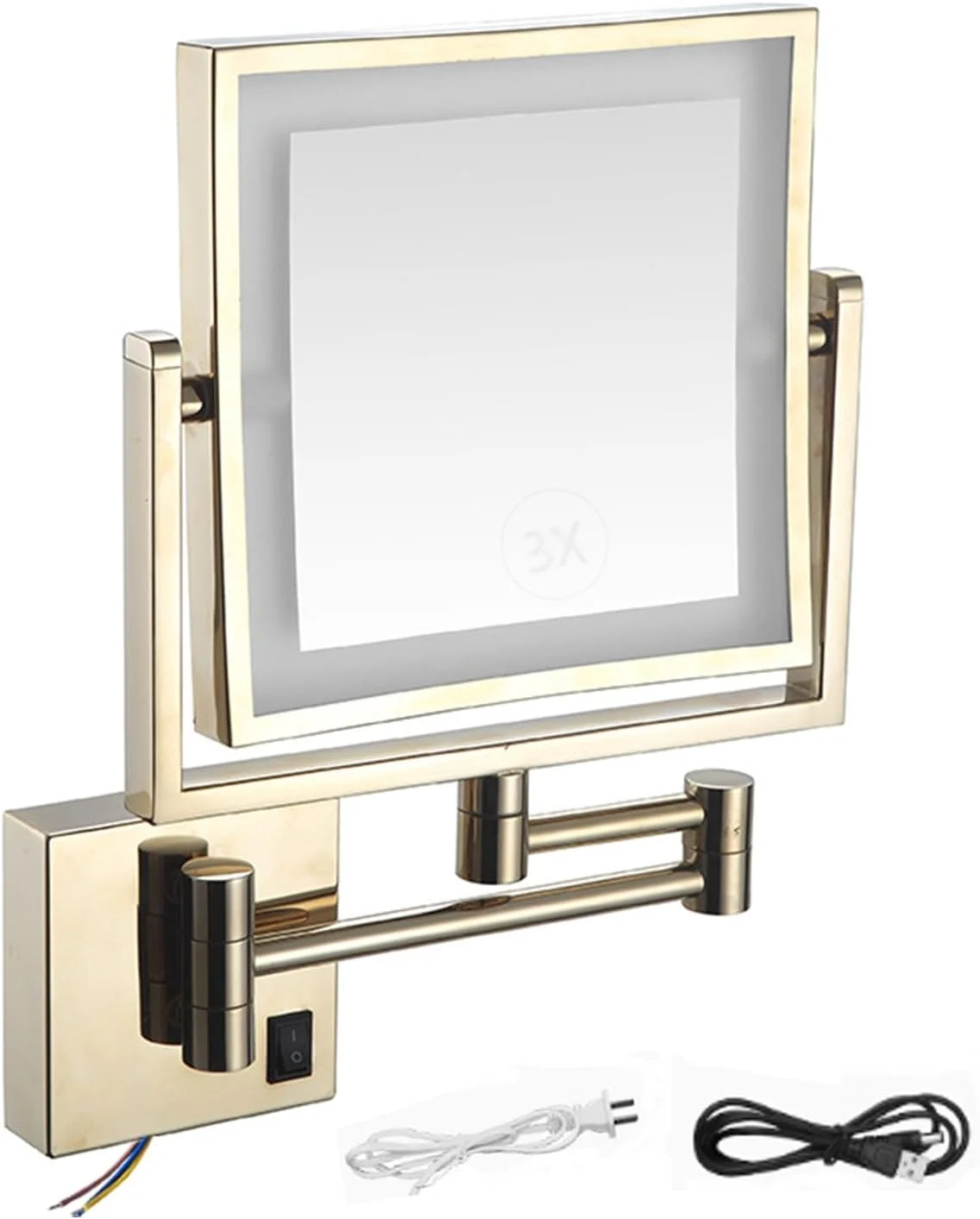 آینه آرایشی مربعی دیواری 8 اینچی با نور پس زمینه، آینه دو طرفه HD با بزرگنمایی 1X/3X و چراغ LED، آینه حمام چرخشی 360 درجه، شارژی، طلایی