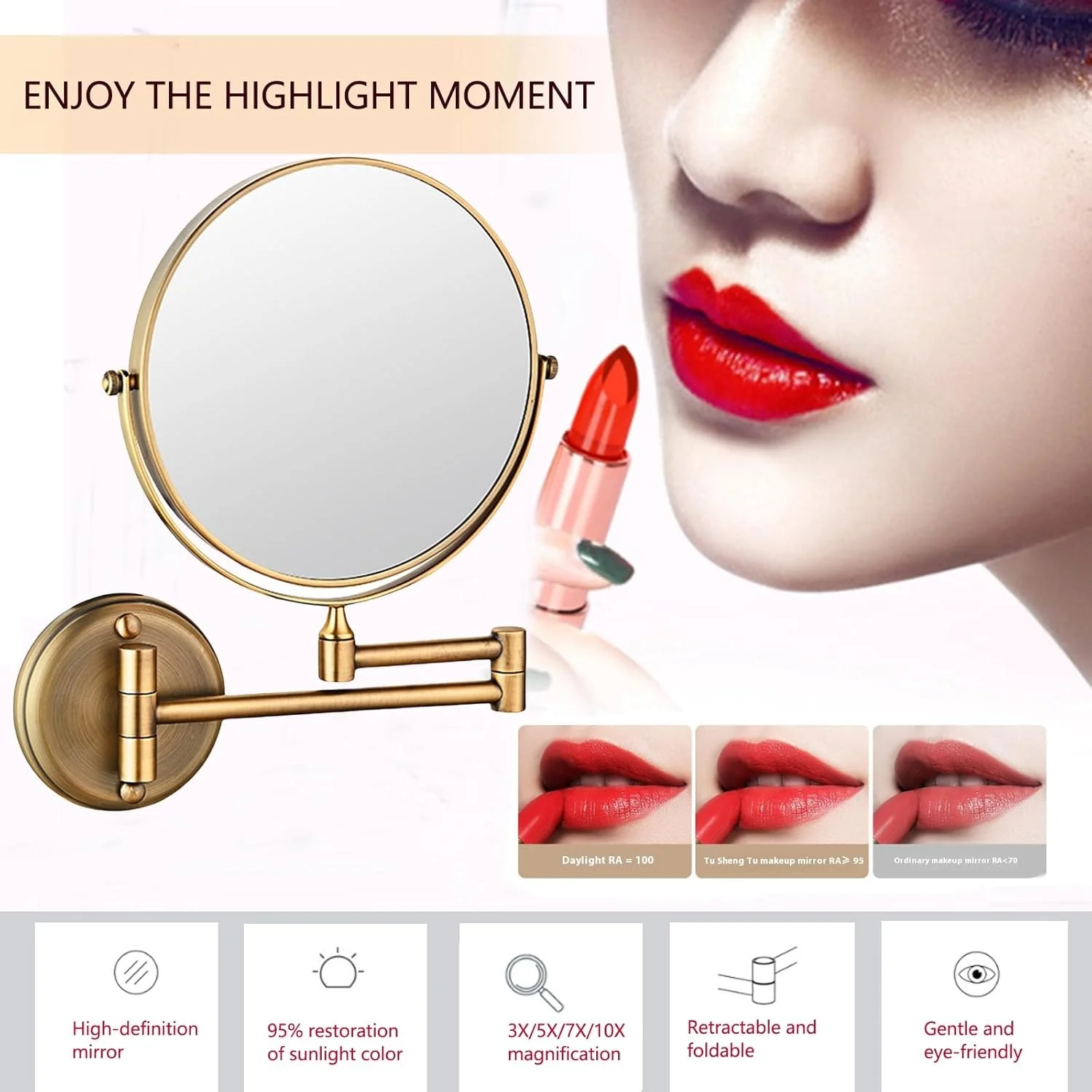 آینه آرایشی دیواری 8 اینچی، آینه روشویی، آینه حمام با بزرگنمایی 3X/5X/10X، آینه بزرگنمایی دو طرفه 8 اینچی دیواری با قابلیت چرخش و افزایش طول، 3X، طلایی زیرکونیوم