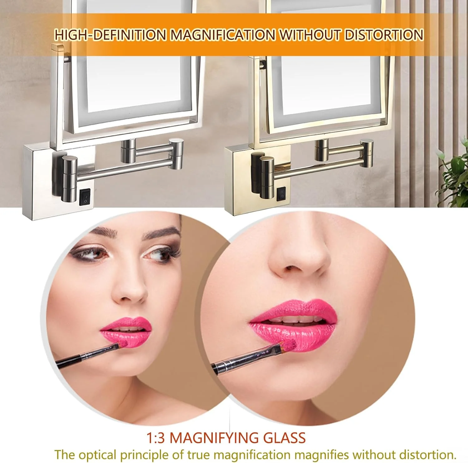 آینه آرایشی مربعی دیواری 8 اینچی با نور پس زمینه، آینه دو طرفه HD با بزرگنمایی 1X/3X و چراغ LED، آینه حمام چرخشی 360 درجه، شارژی، طلایی
