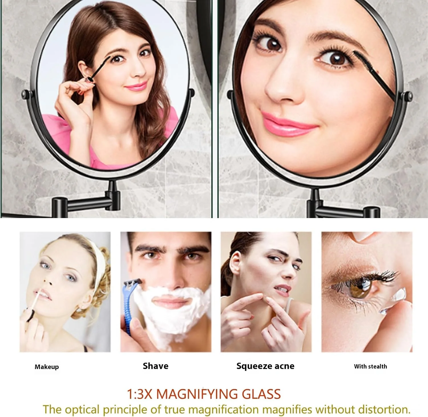 آینه آرایشی دیواری 8 اینچی، آینه روشویی، آینه حمام با بزرگنمایی 3X/5X/10X، آینه بزرگنمایی دو طرفه 8 اینچی دیواری با قابلیت چرخش و افزایش طول، 3X، طلایی زیرکونیوم