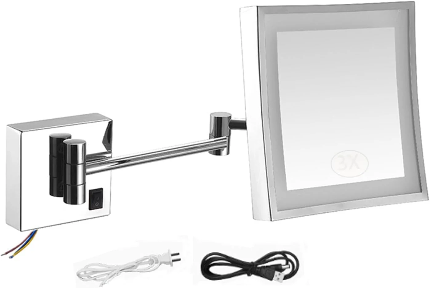 آینه مربعی دیواری، آینه روشویی دیواری ال ای دی، آینه اصلاح چرخشی و قابل افزایش، آینه آرایش با چراغ و بزرگنمایی 3 برابر، اتصال پلاگین، سفید