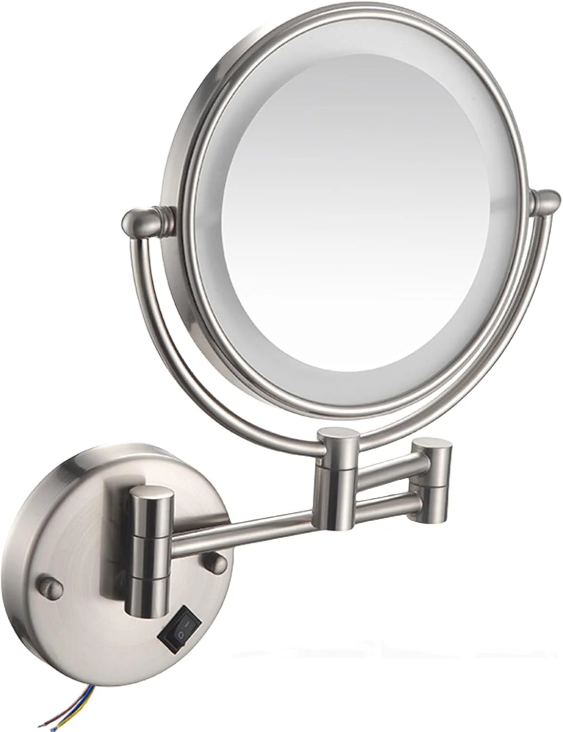 آینه آرایشی دیواری 8 اینچی، آینه آرایشی گرد دیواری با نور LED، آینه حمام دیواری با چراغ و بزرگنمایی، آینه دیواری چراغ دار دو طرفه چرخان و قابل افزایش