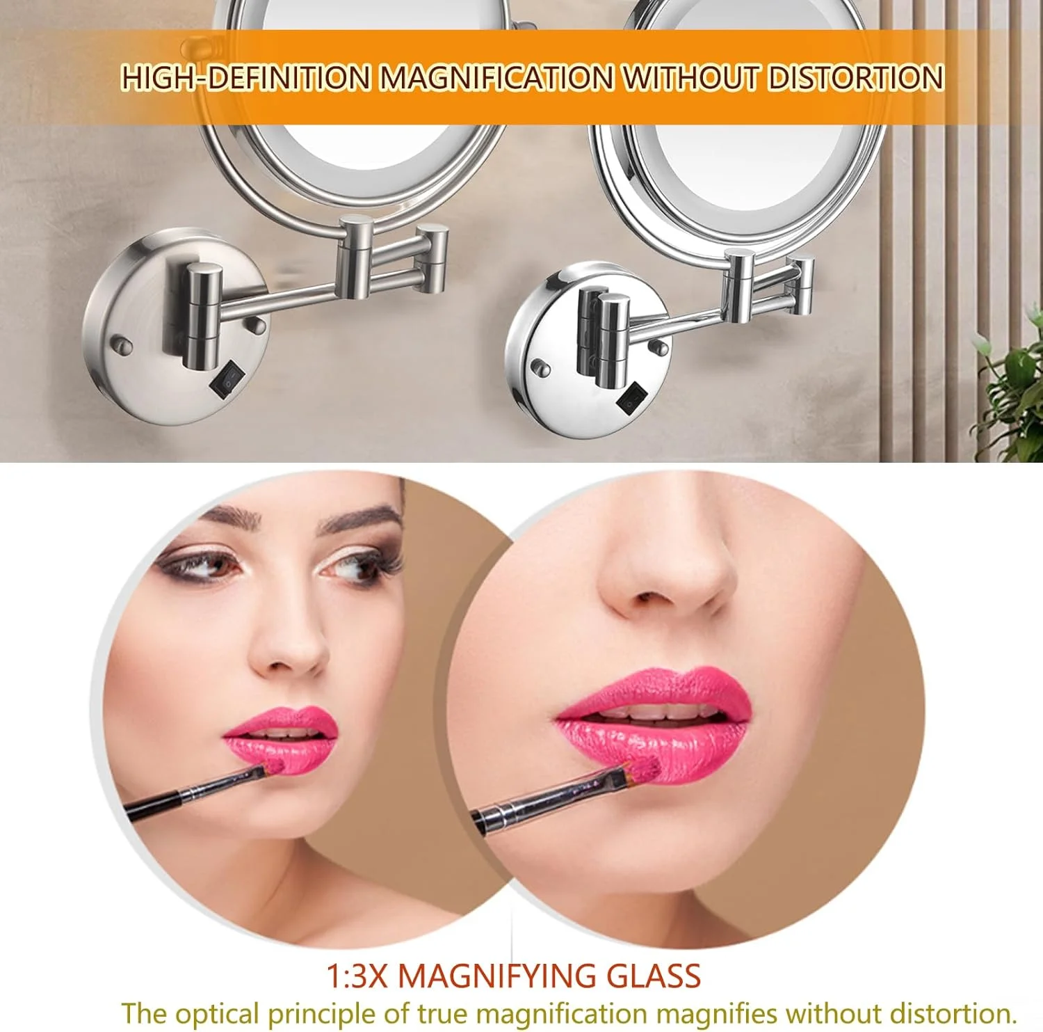 آینه آرایشی دیواری 8 اینچی، آینه آرایشی گرد دیواری با نور LED، آینه حمام دیواری با چراغ و بزرگنمایی، آینه دیواری چراغ دار دو طرفه چرخان و قابل افزایش